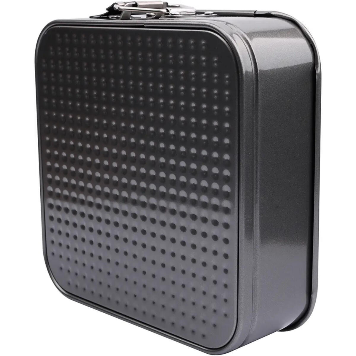 A dark gray square baking pan with a textured surface and metal clasp on top.