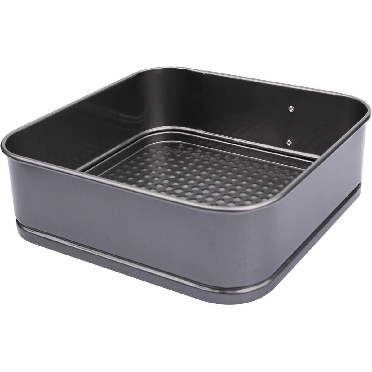 A gray, square baking pan with a perforated bottom.