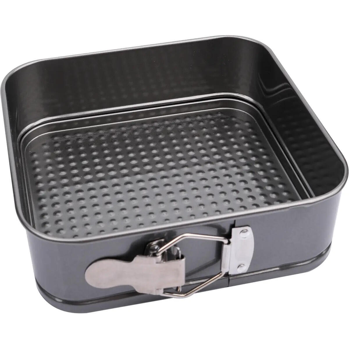 A gray, square cake pan with a removable bottom and embossed pattern.