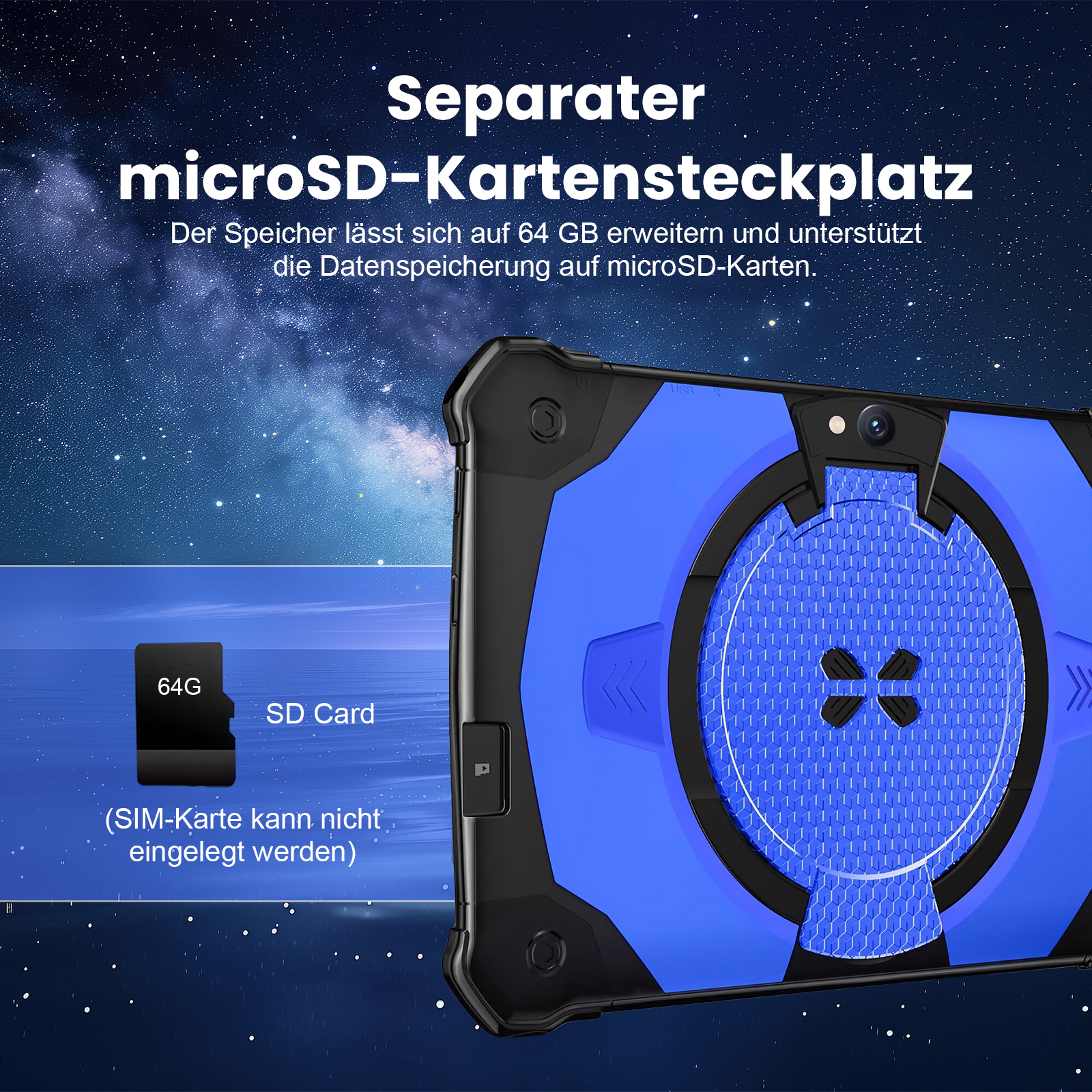 Ein Tablet mit blauem und schwarzem Gehäuse und einer SD-Karte daneben.