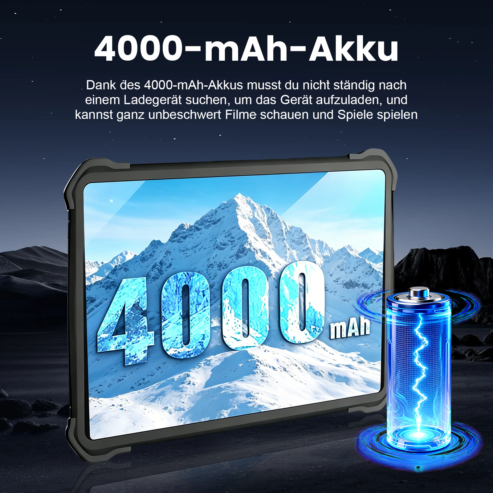 Ein Tablet mit einem Bild von schneebedeckten Bergen und einem 4000 mAh Akku.
