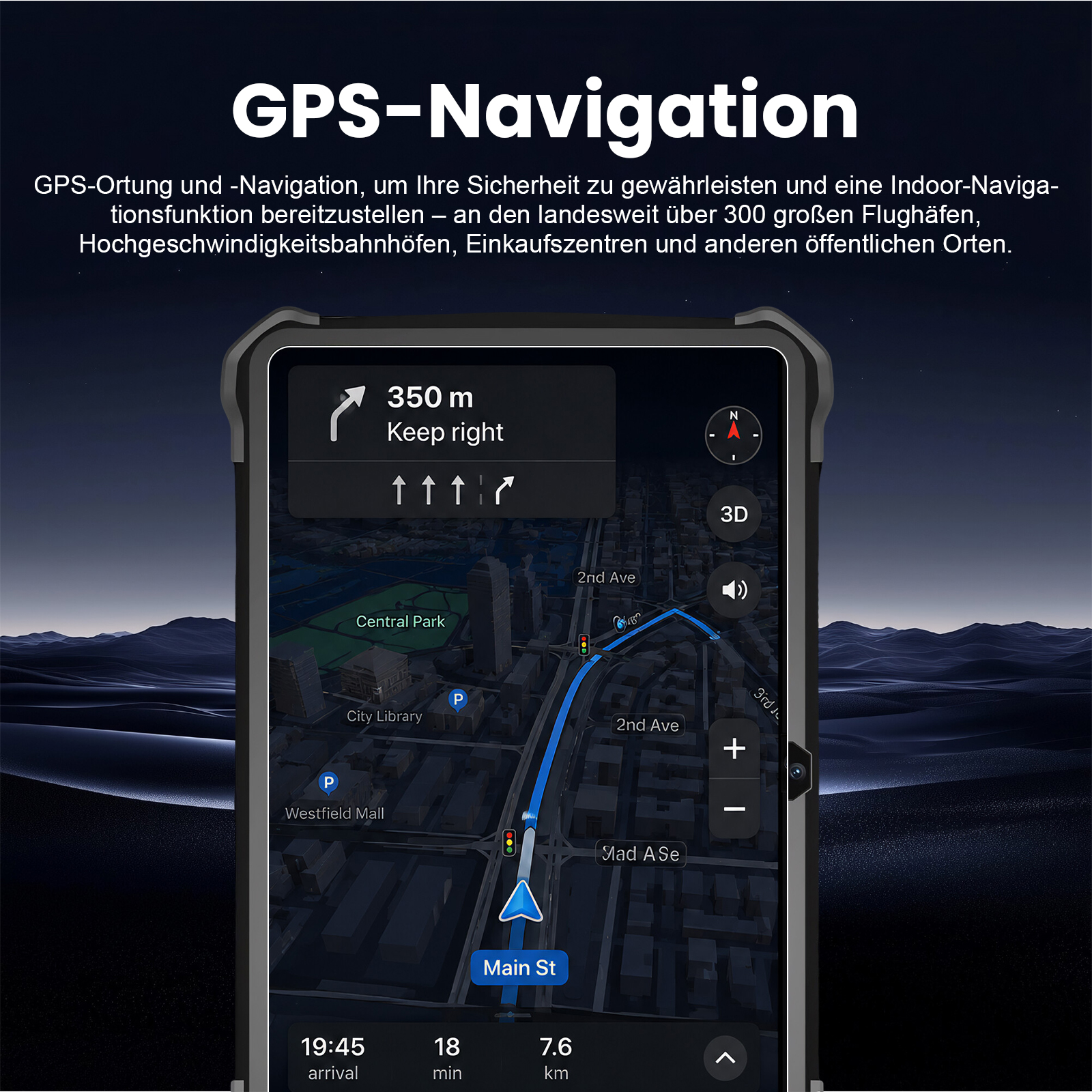 GPS-Navigationsbildschirm zeigt eine Stadtkarte mit Route, Entfernung und Ankunftszeit.