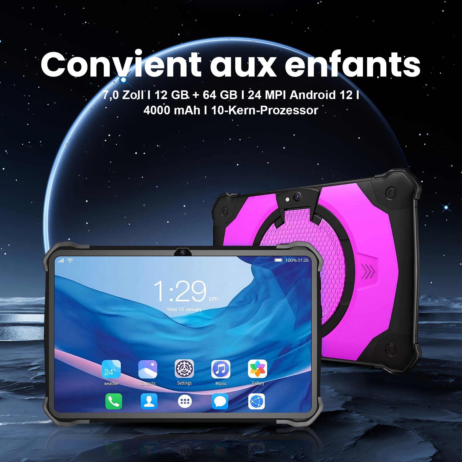 Ein pinkes und ein schwarzes Tablet stehen vor einem Sternenhimmel. Das schwarze Tablet zeigt die Uhrzeit 1:29.
