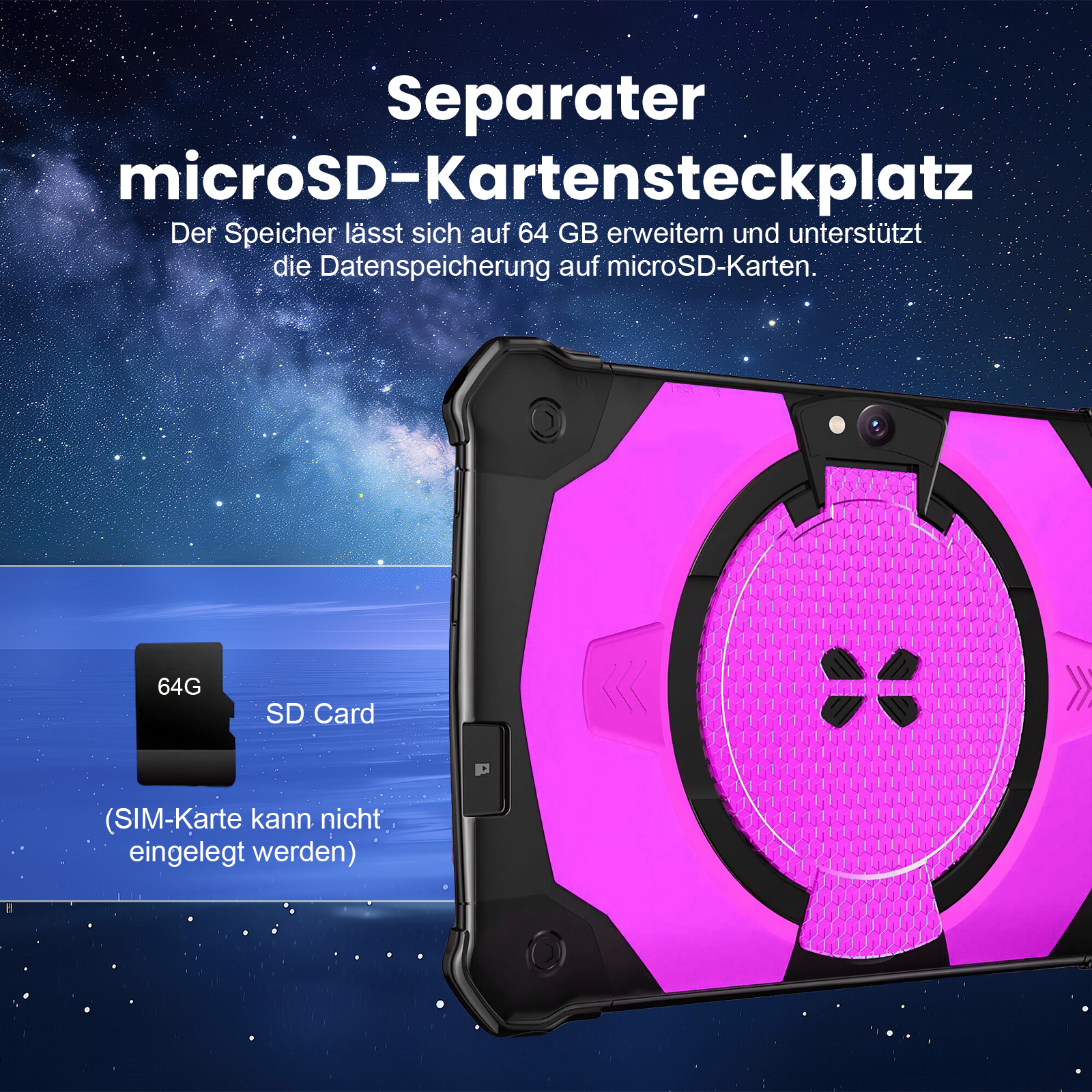 Ein pinkes Tablet mit SD-Karten-Symbol und Sternenhimmel.