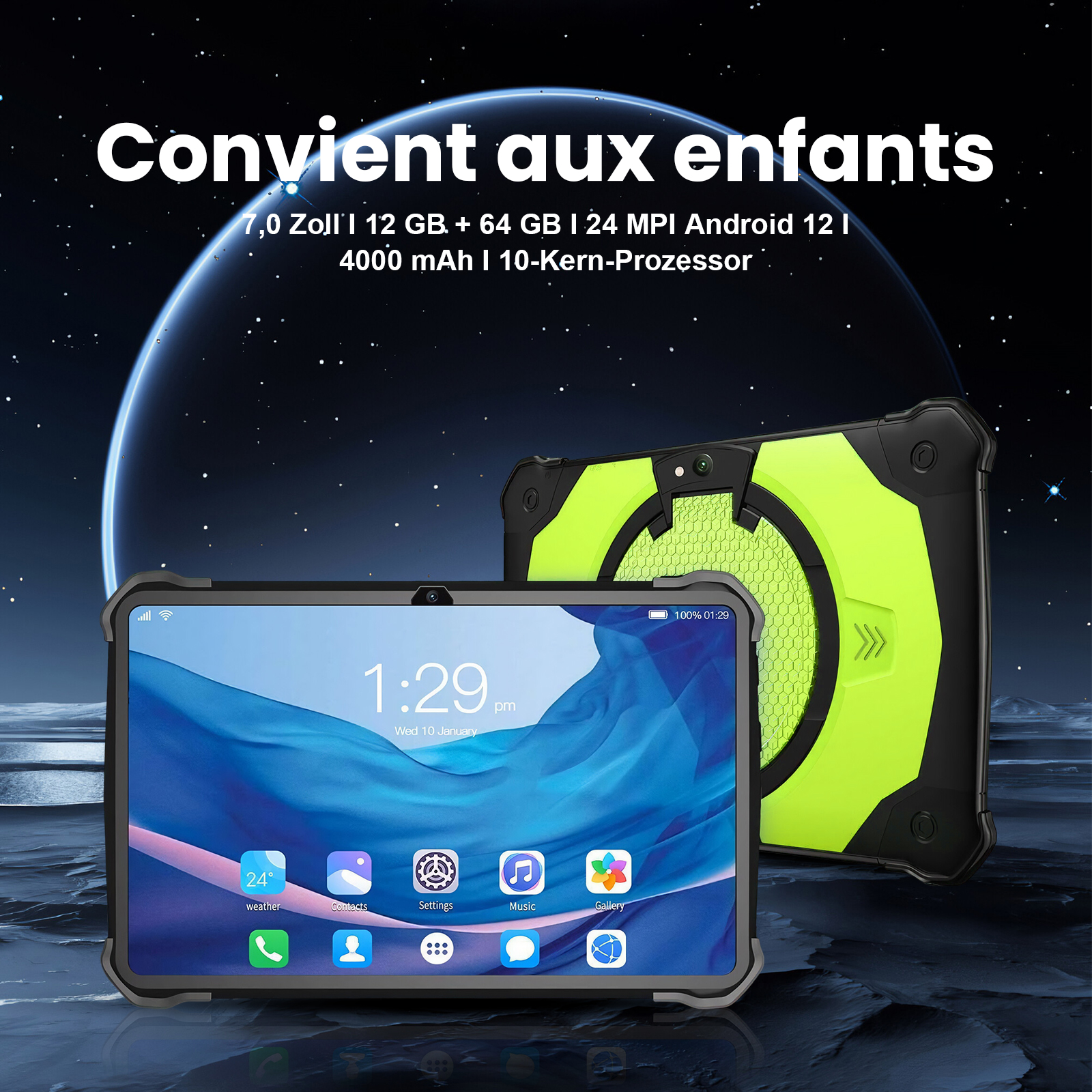 Ein schwarzes Tablet mit einem hellgrünen Gehäuse, das auf einem dunklen, mondähnlichen Untergrund steht.