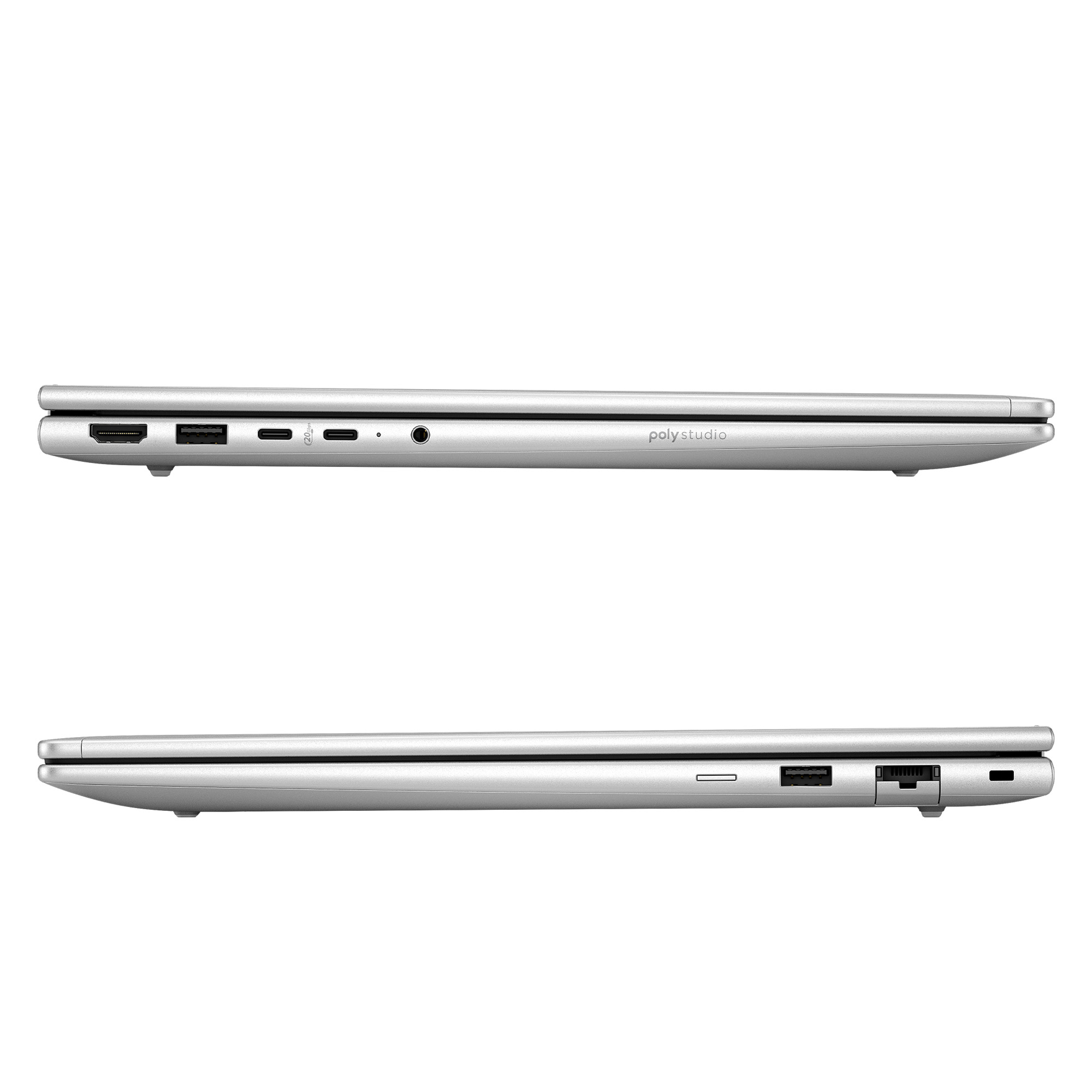 Gümüş laptop: HDMI, USB-A, USB-C, kulaklık jakı ve 'poly studio'.