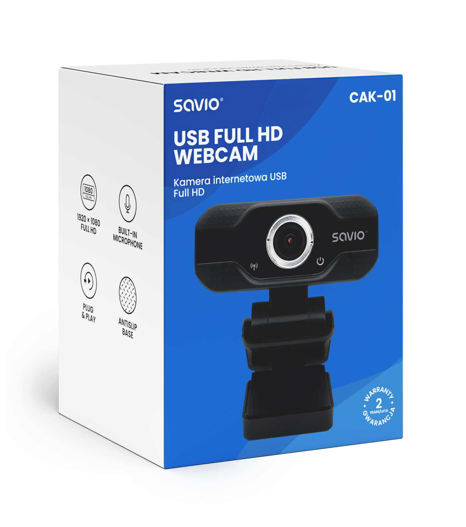 Savio USB Full HD Webcam CAK-01 na niebieskim pudełku z ikonami 1080p, mikrofon, plug & play.
