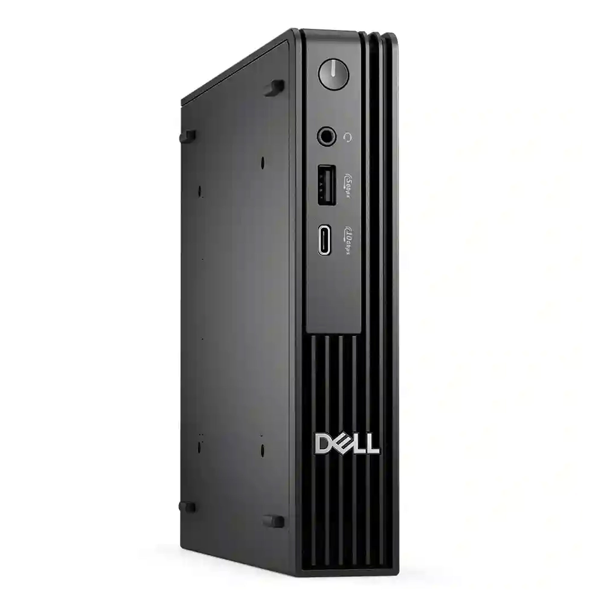Siyah Dell mini PC, ön portlar ve güç düğmesi bulunur.