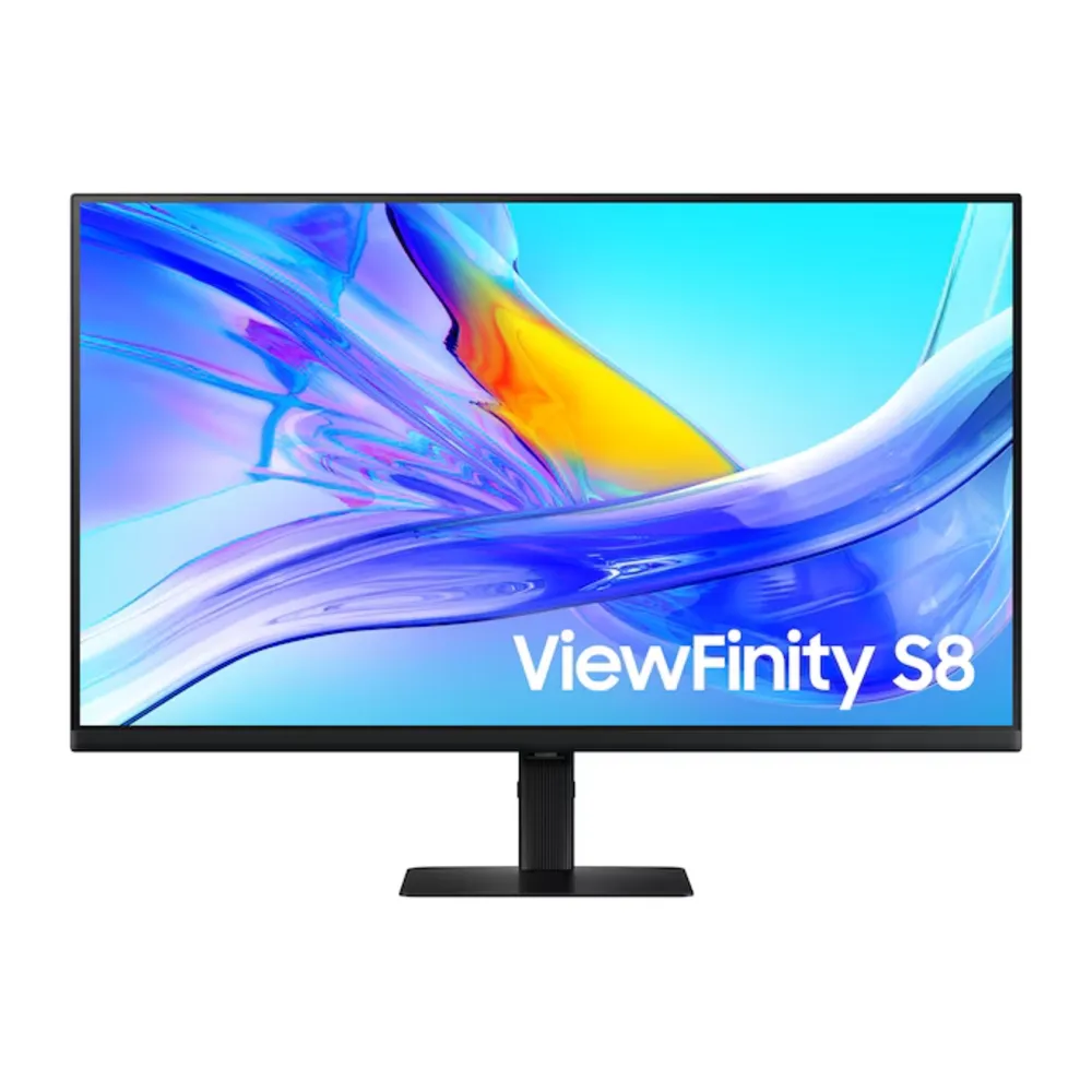 Soyut renkli grafikler ve "ViewFinity S8" yazısı gösteren siyah bir monitör.