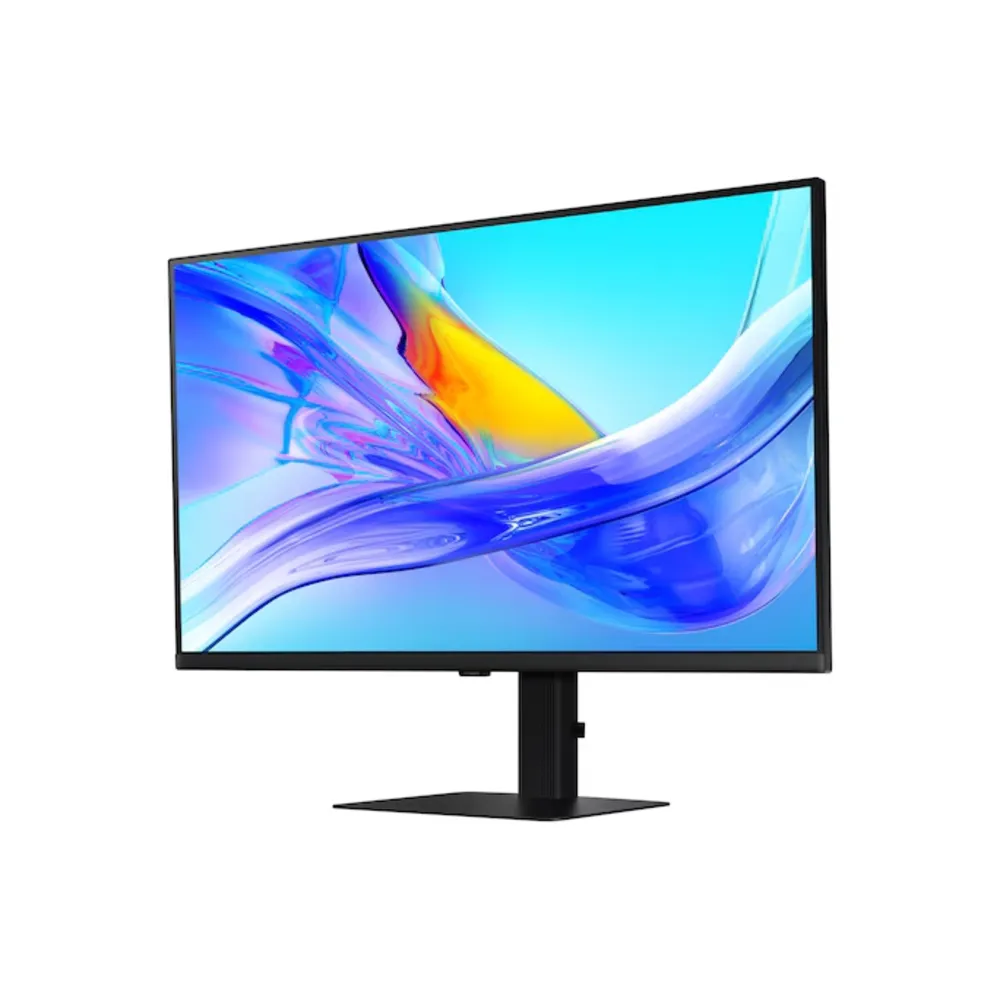 Ekranında soyut renkli duvar kağıdı olan siyah bir monitör.