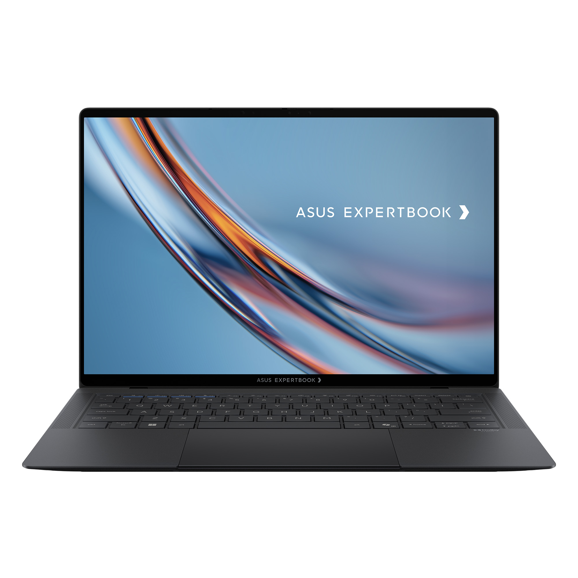 Ekranında soyut arka plan bulunan kapalı, koyu renkli Asus Expertbook dizüstü bilgisayar.
