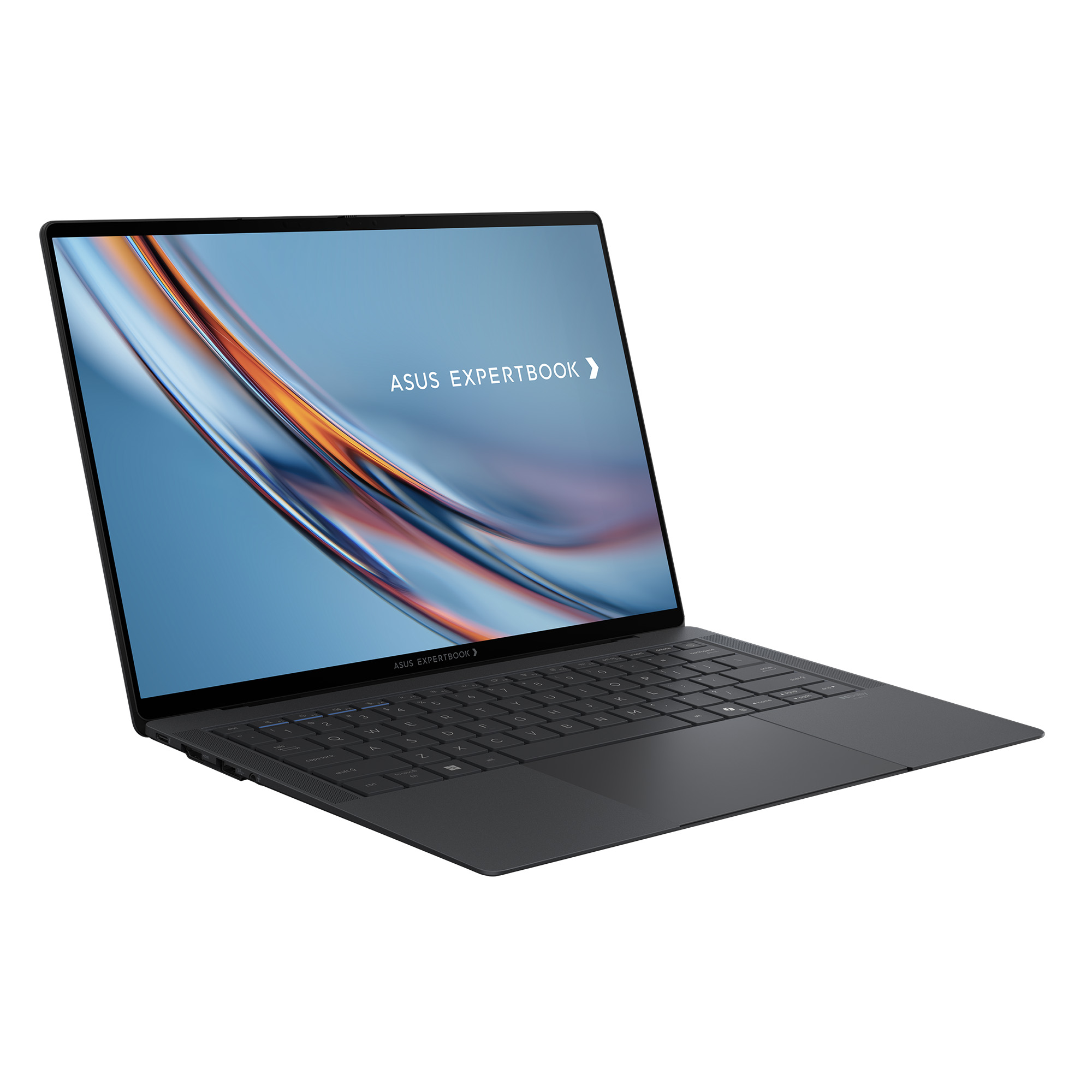 Soyut bir desen gösteren açık ekranlı koyu renk ASUS ExpertBook dizüstü bilgisayar.