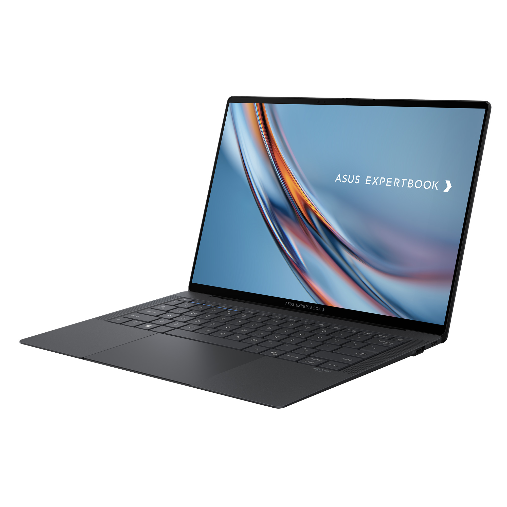 Koyu gri ASUS Expertbook dizüstü bilgisayar açık, ekranı ve klavyesi görünüyor.