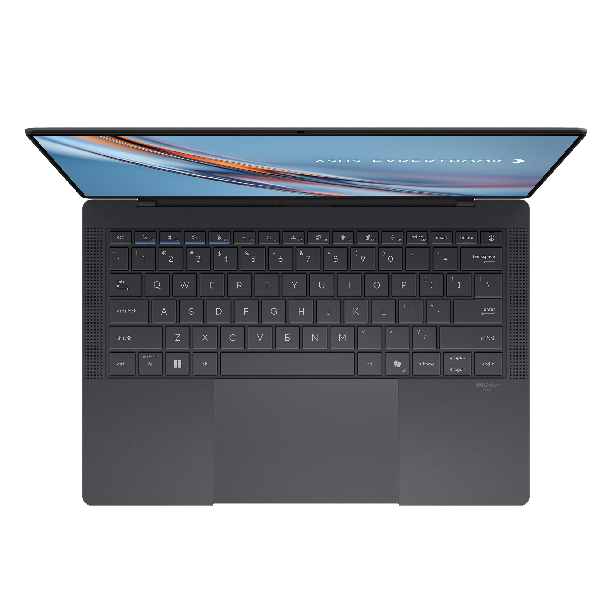 Açık, koyu gri Asus Expertbook dizüstü bilgisayarın üstten görünümü, klavye ve dokunmatik yüzey.