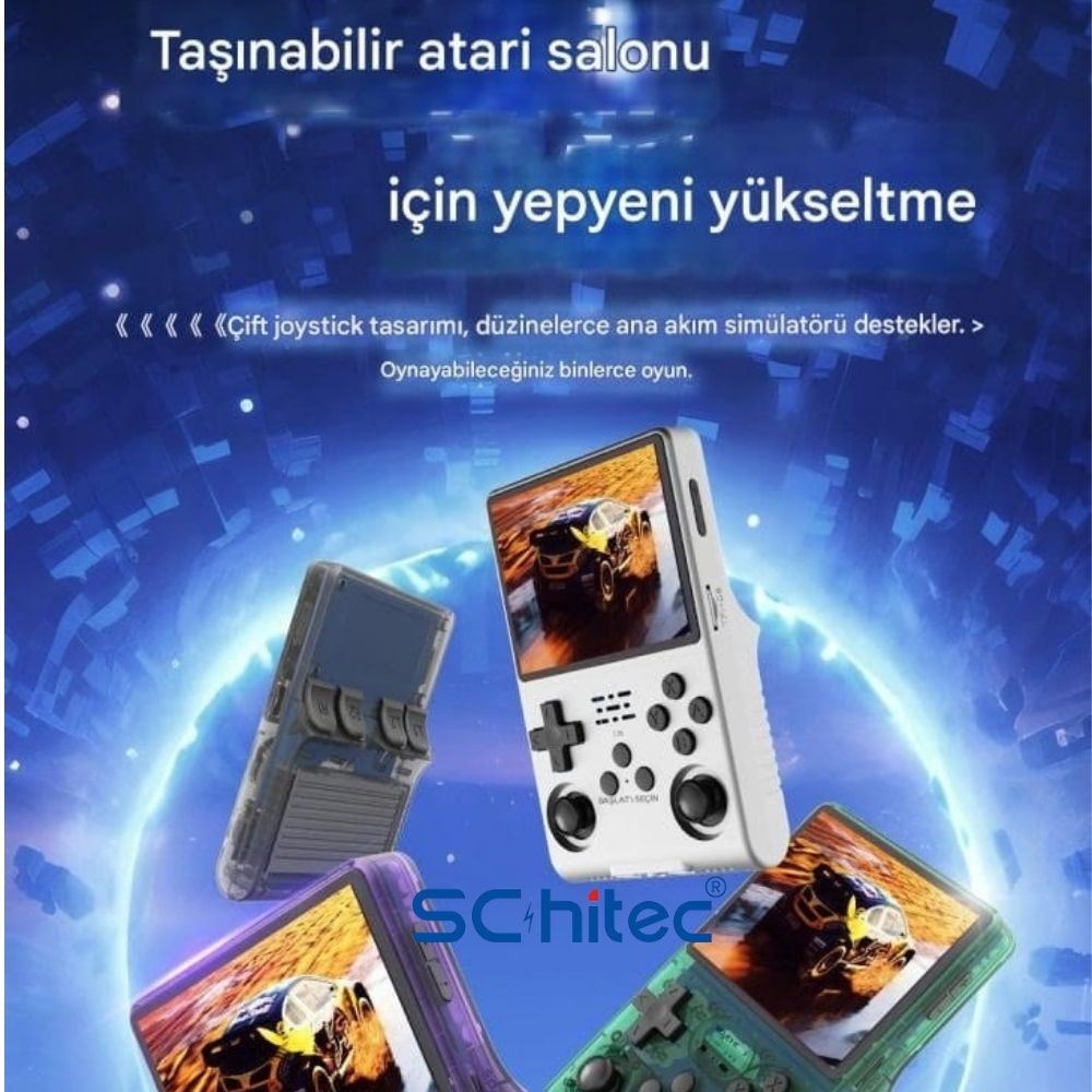 Çeşitli renklerde birden fazla taşınabilir oyun konsolu, önde beyaz bir konsol.