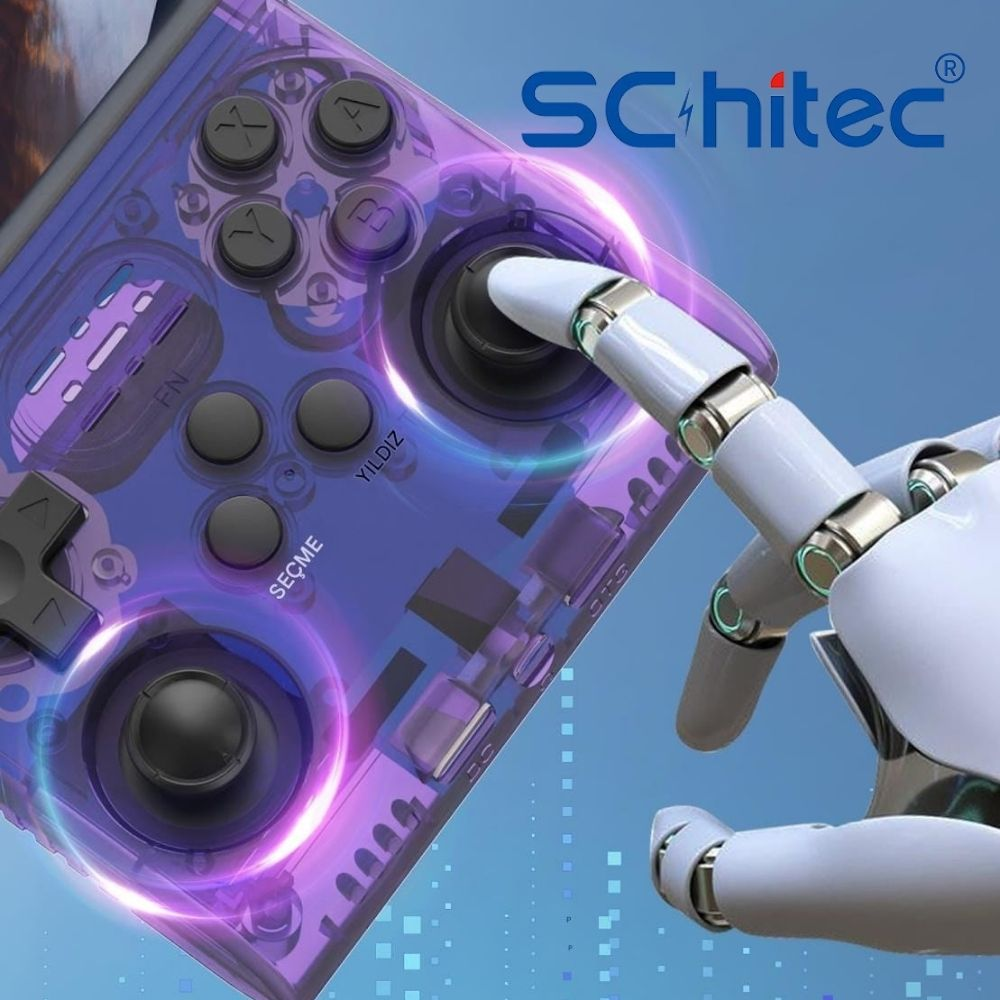 Robot parmak, parlak detaylara sahip şeffaf mor bir denetleyiciye dokunuyor.