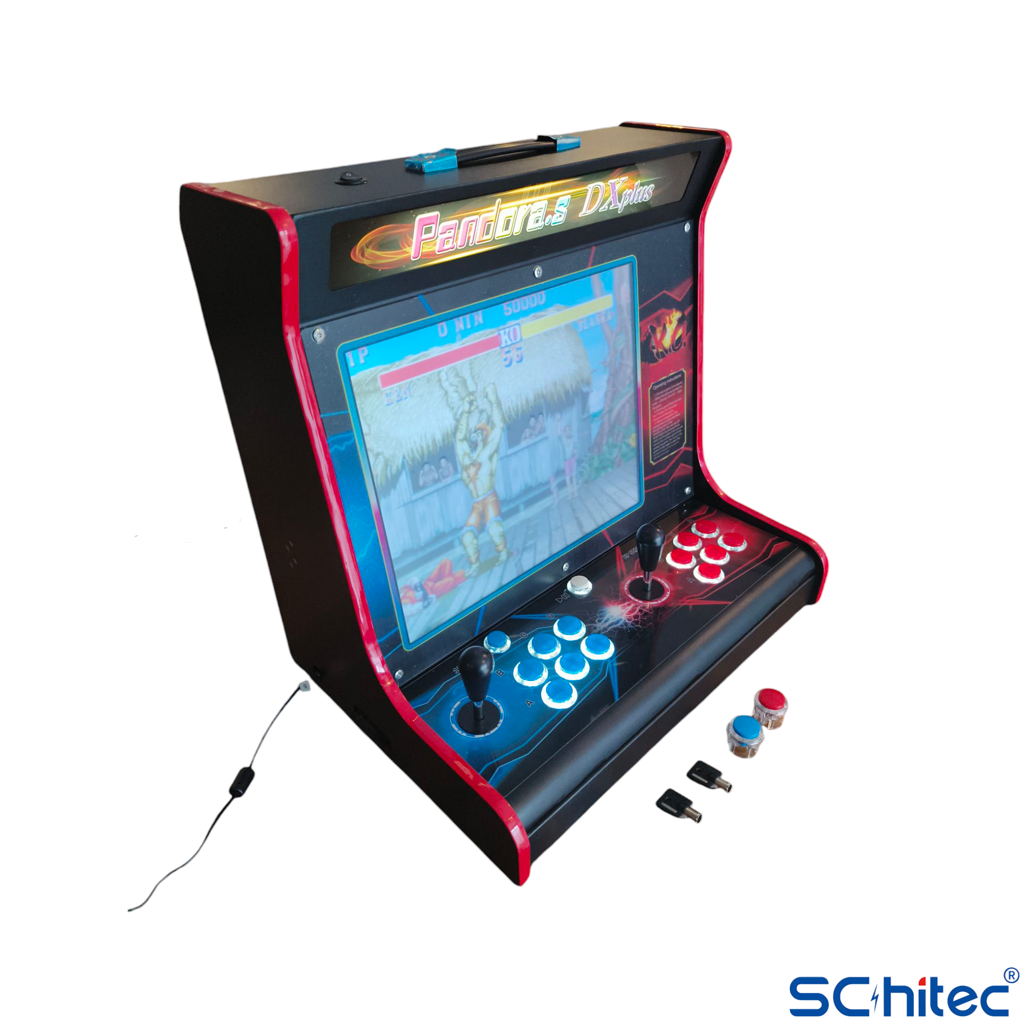 Joystick'ler, düğmeler ve dövüş oyunu gösteren ekranlı arcade oyun konsolu.
