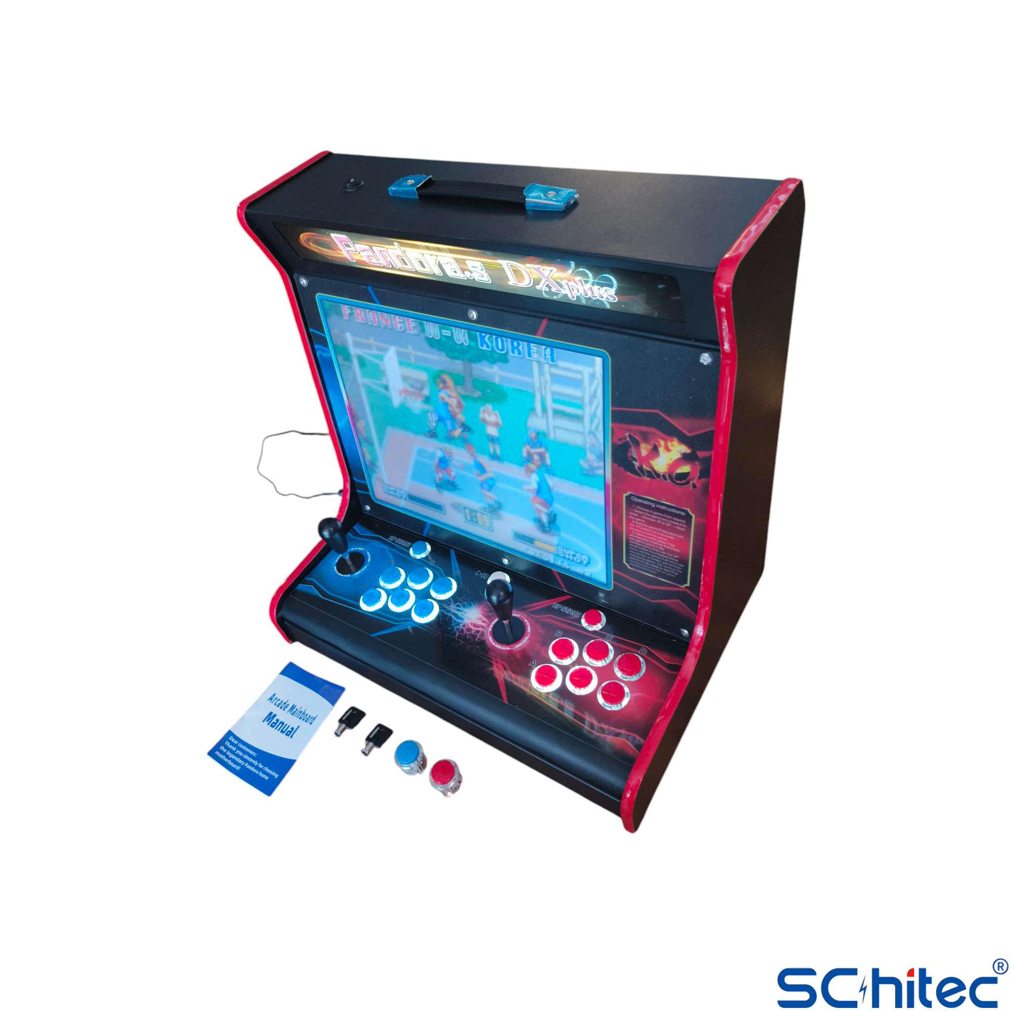 Oyun ekranı, joystick'ler, kırmızı ve mavi düğmeler ve kılavuzu olan bir atari makinesi.