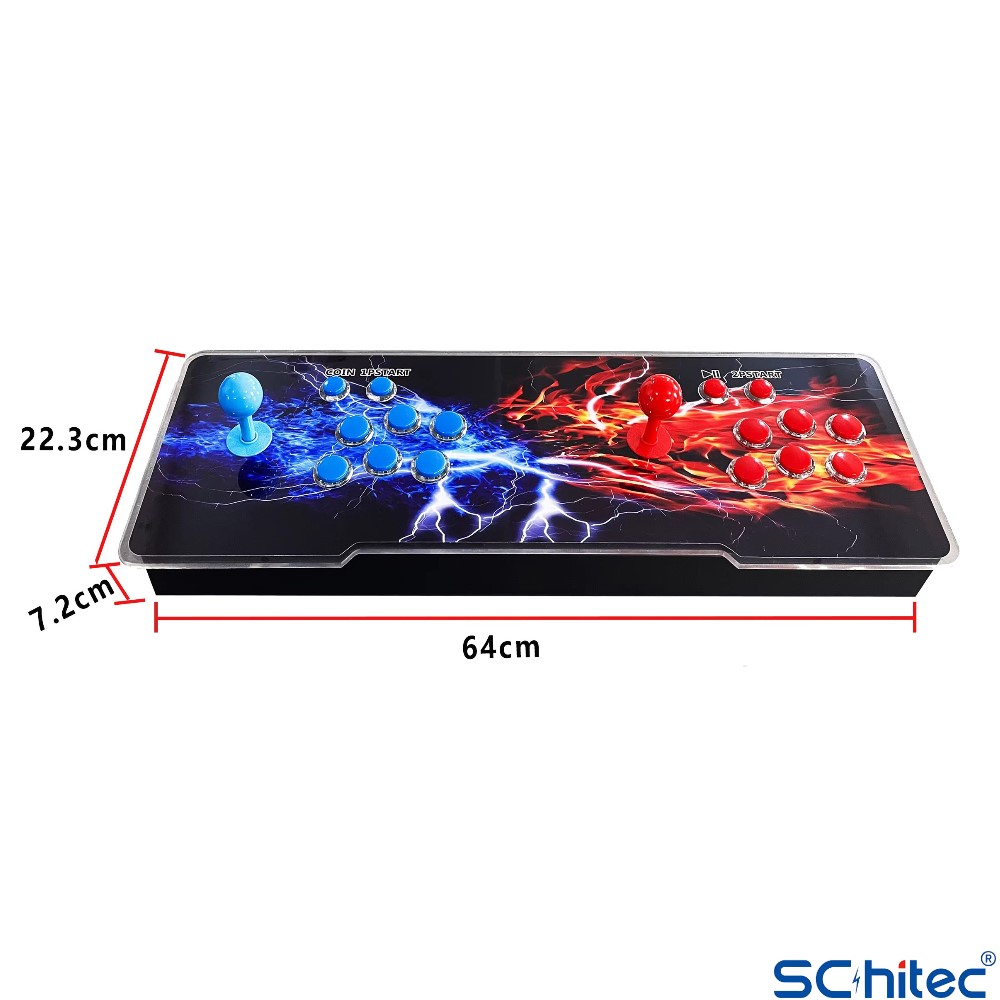 Mavi ve kırmızı düğmeli siyah bir arcade joystick denetleyici. Boyutlar: 64x22,3x7,2cm.