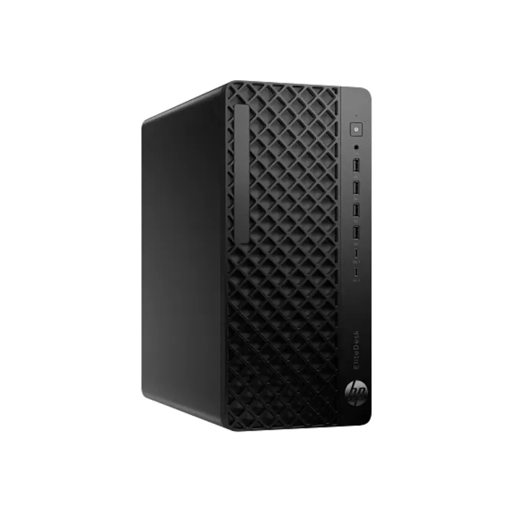 Ön panelinde stilize edilmiş kafes deseni bulunan siyah HP EliteDesk bilgisayar kasası.