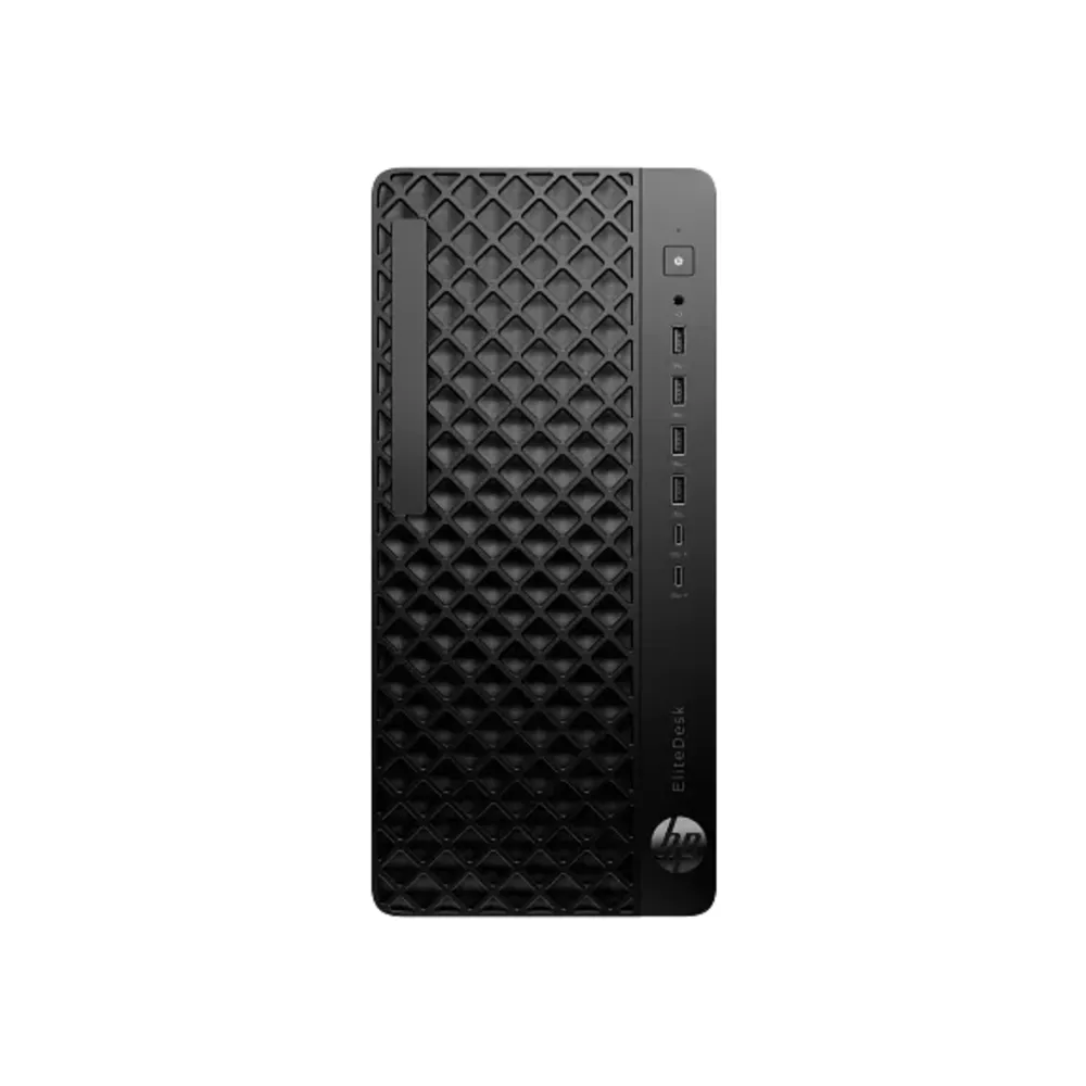 Dokuya sahip ön panel ve bağlantı noktalarına sahip siyah HP EliteDesk PC.