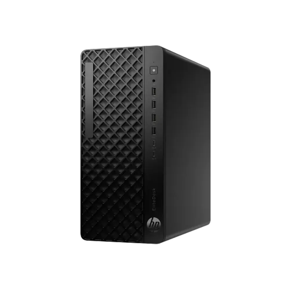 Doku desenli ve portlu siyah HP EliteDesk PC.