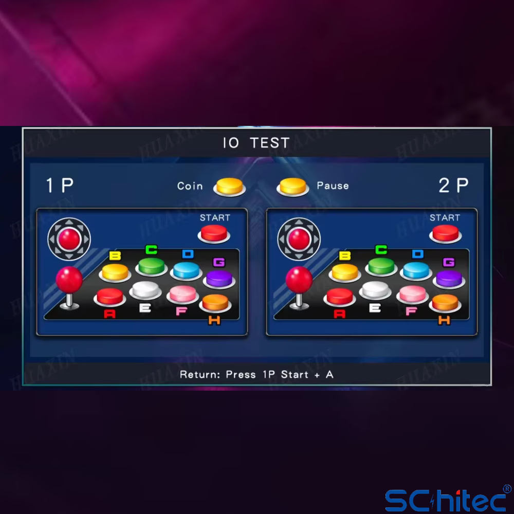IO TEST ekranı, joystickler ve düğmelerle iki oyuncu kontrolünü gösteriyor.