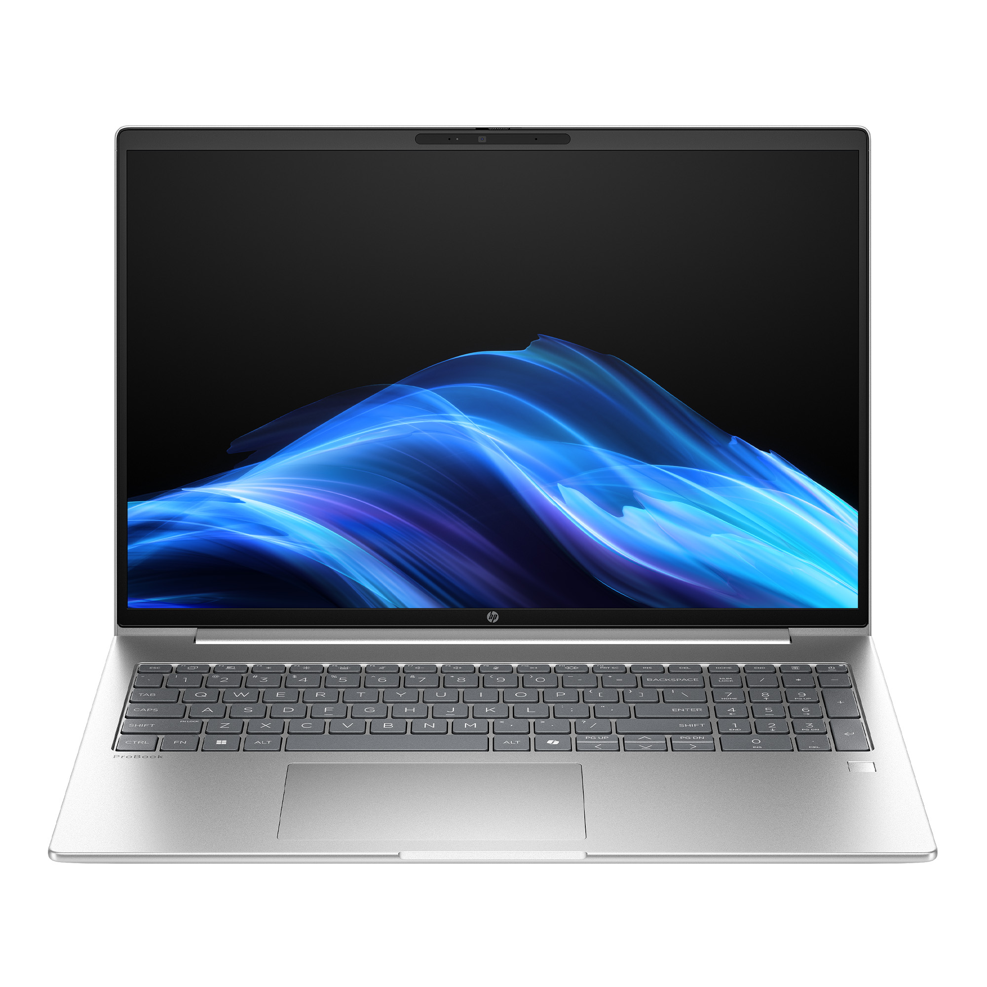 Gümüş rengi HP ProBook dizüstü bilgisayar açık, soyut mavi bir ekran arka planı gösteriyor.