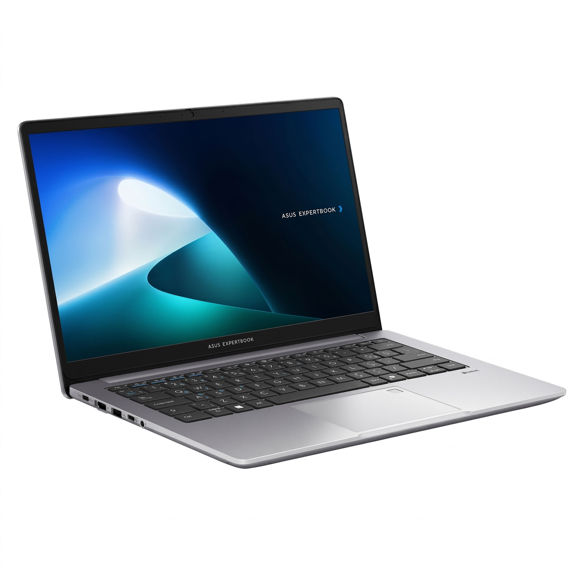 Arkadan aydınlatmalı klavyeli ve mavi duvar kağıtlı gümüş renkli Asus ExpertBook dizüstü bilgisayar.