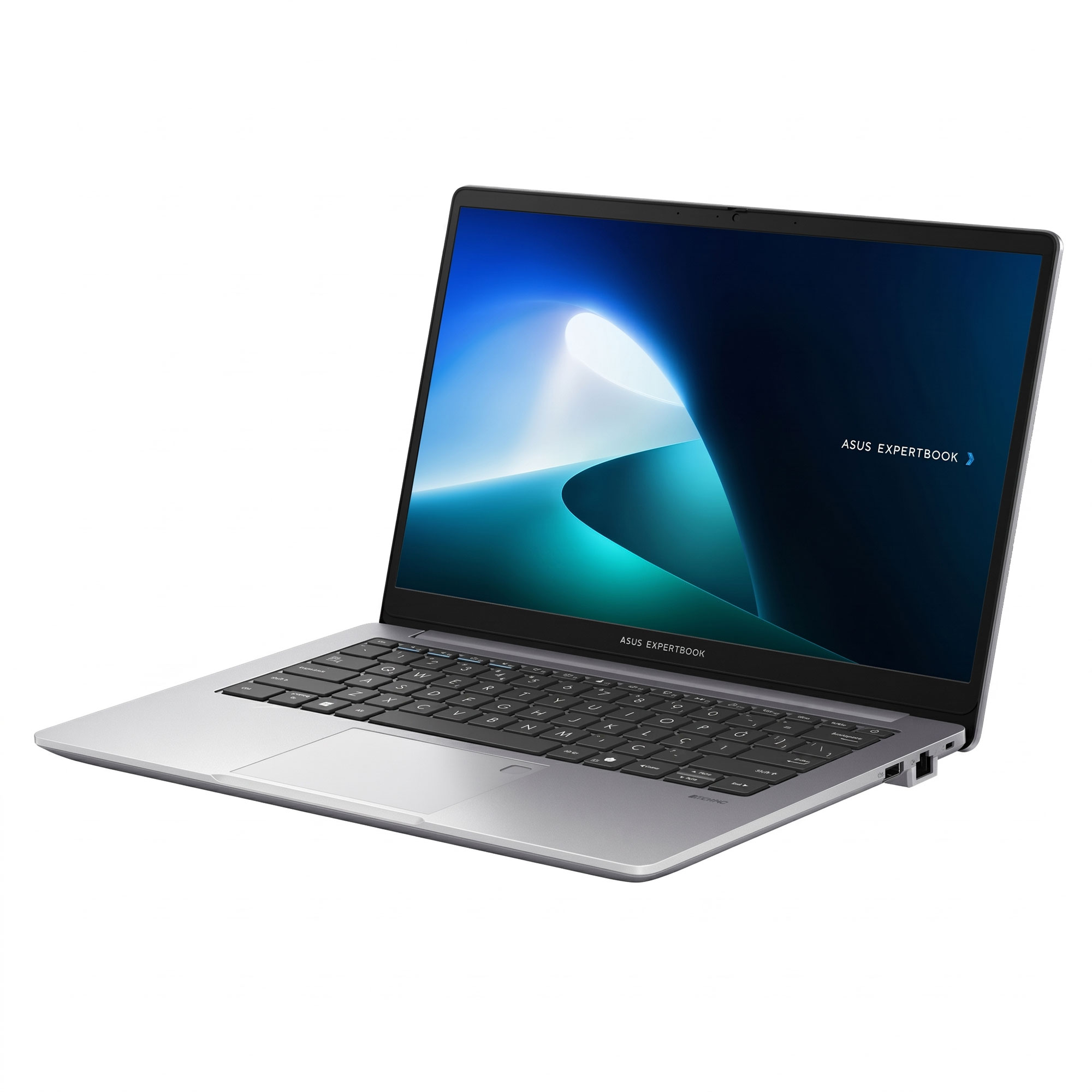 Ekranında mavi arka planı olan açık gümüş rengi ASUS Expertbook dizüstü bilgisayar.