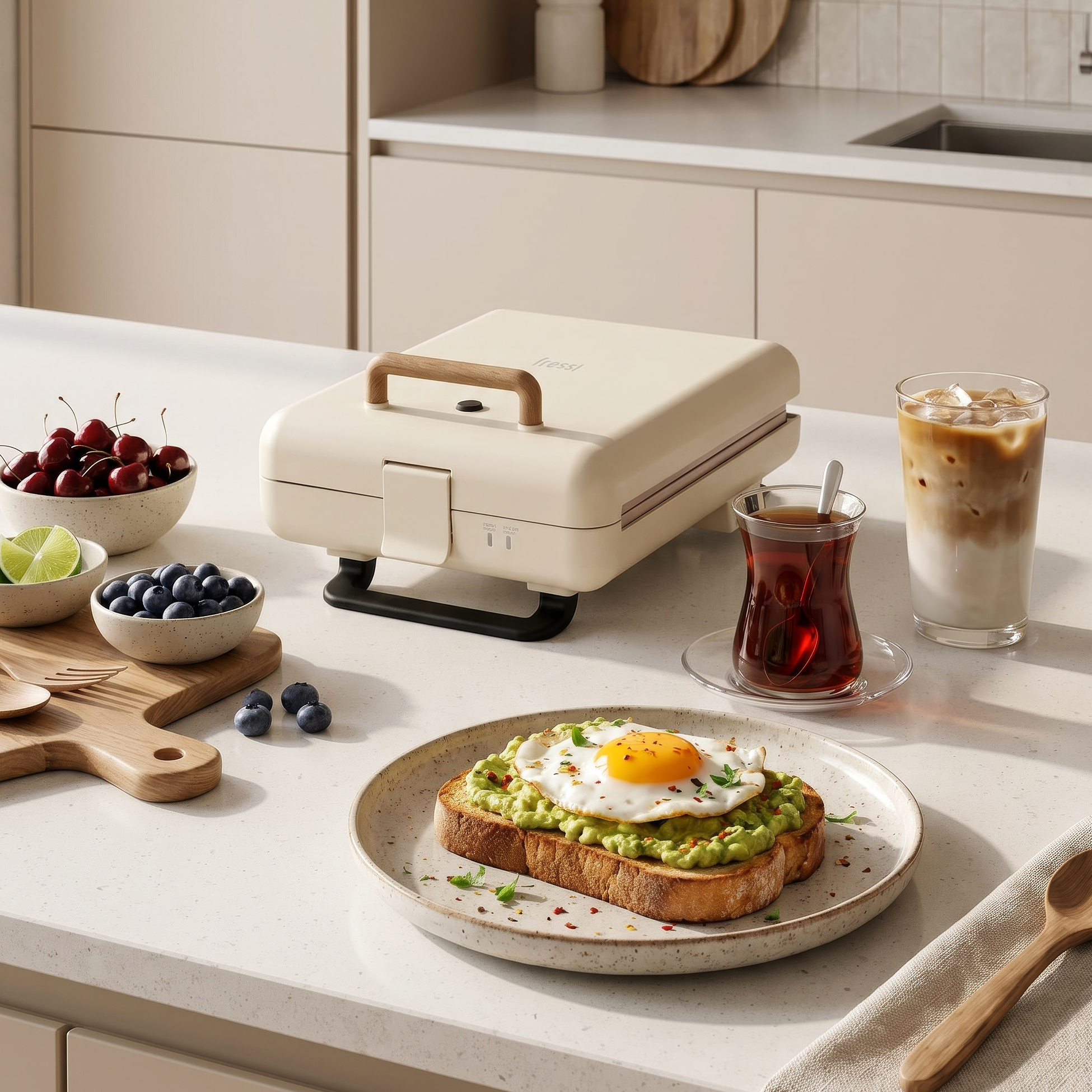 Avokadolu tost, yumurta, yemiş ve kahve ile kahvaltı.