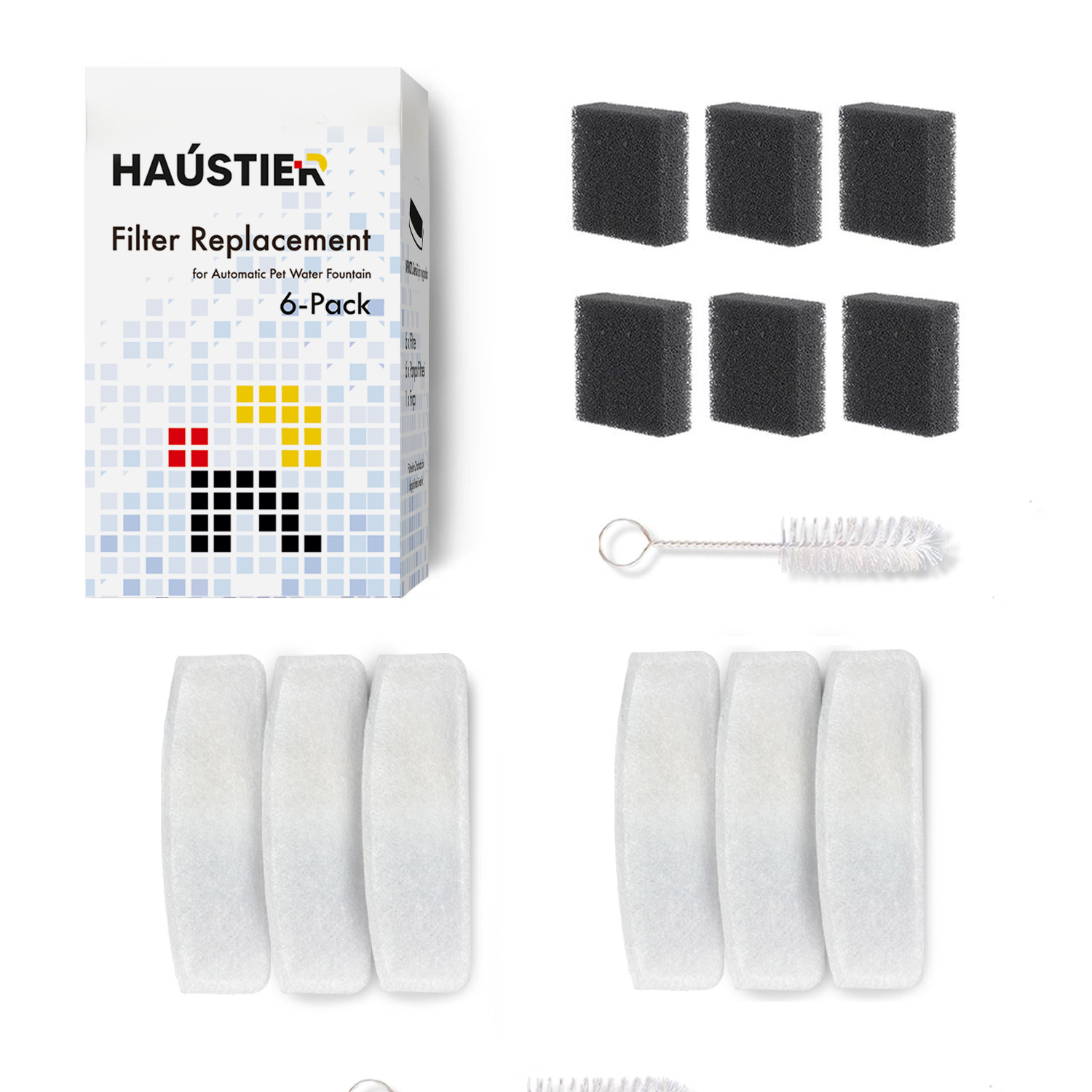 HAUSTIER Filtre Değişimi: 6 siyah sünger filtre, 3 beyaz filtre ve 2 fırça.