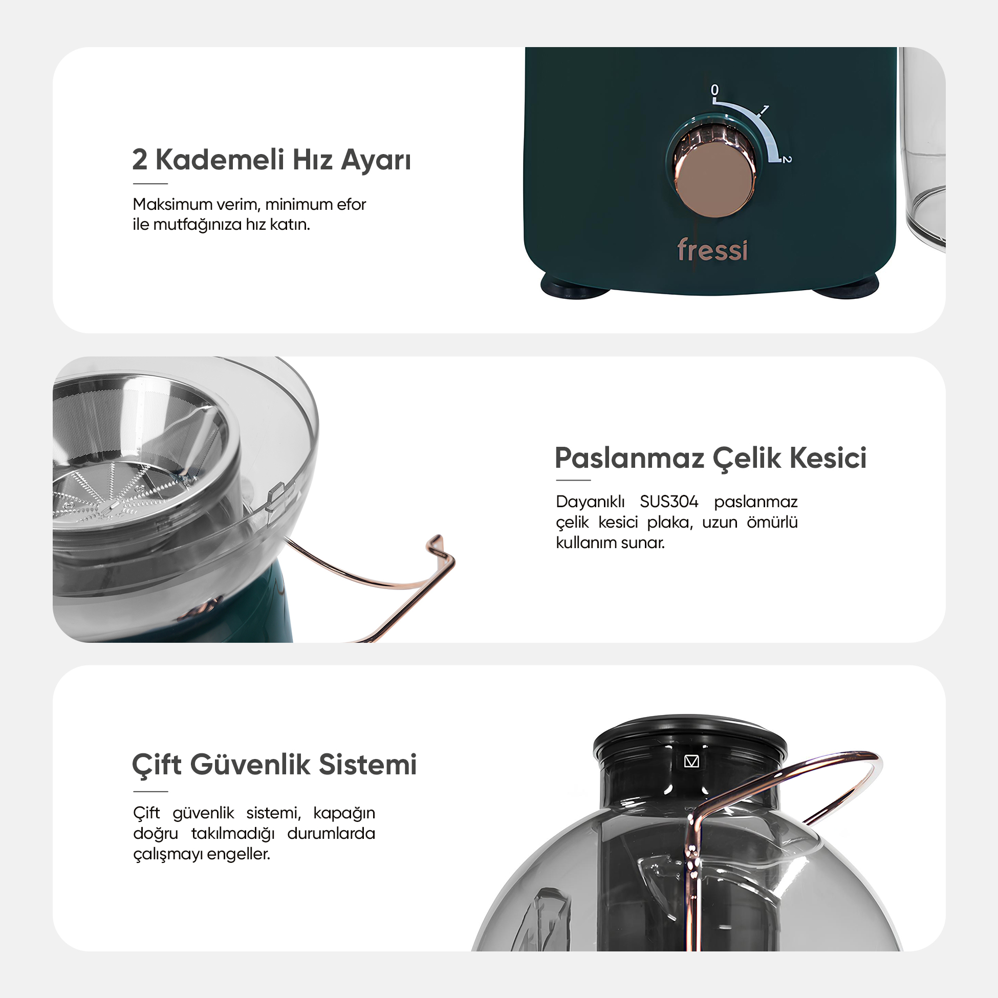 Koyu yeşil blender hız ayarı ve şeffaf hazne, güvenlik kilidi özellikli.