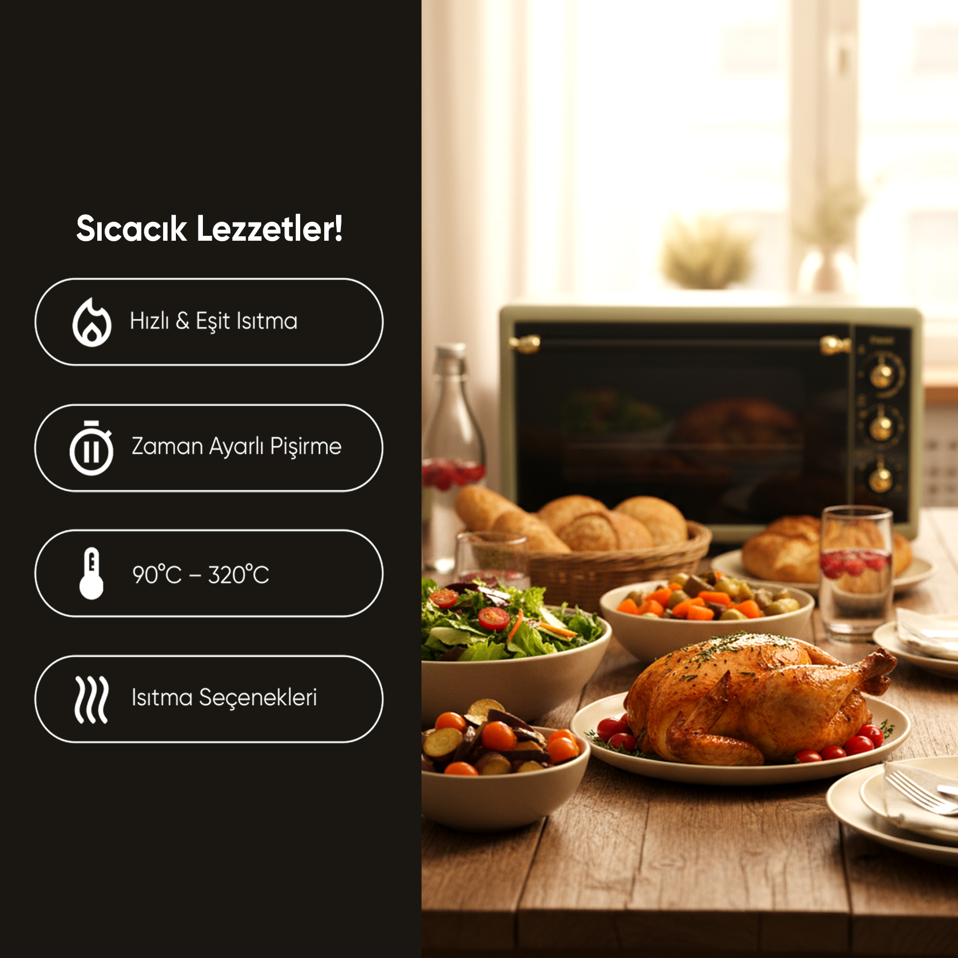 Ahşap masa üzerinde fırın, fırında tavuk, salata ve ekmek.