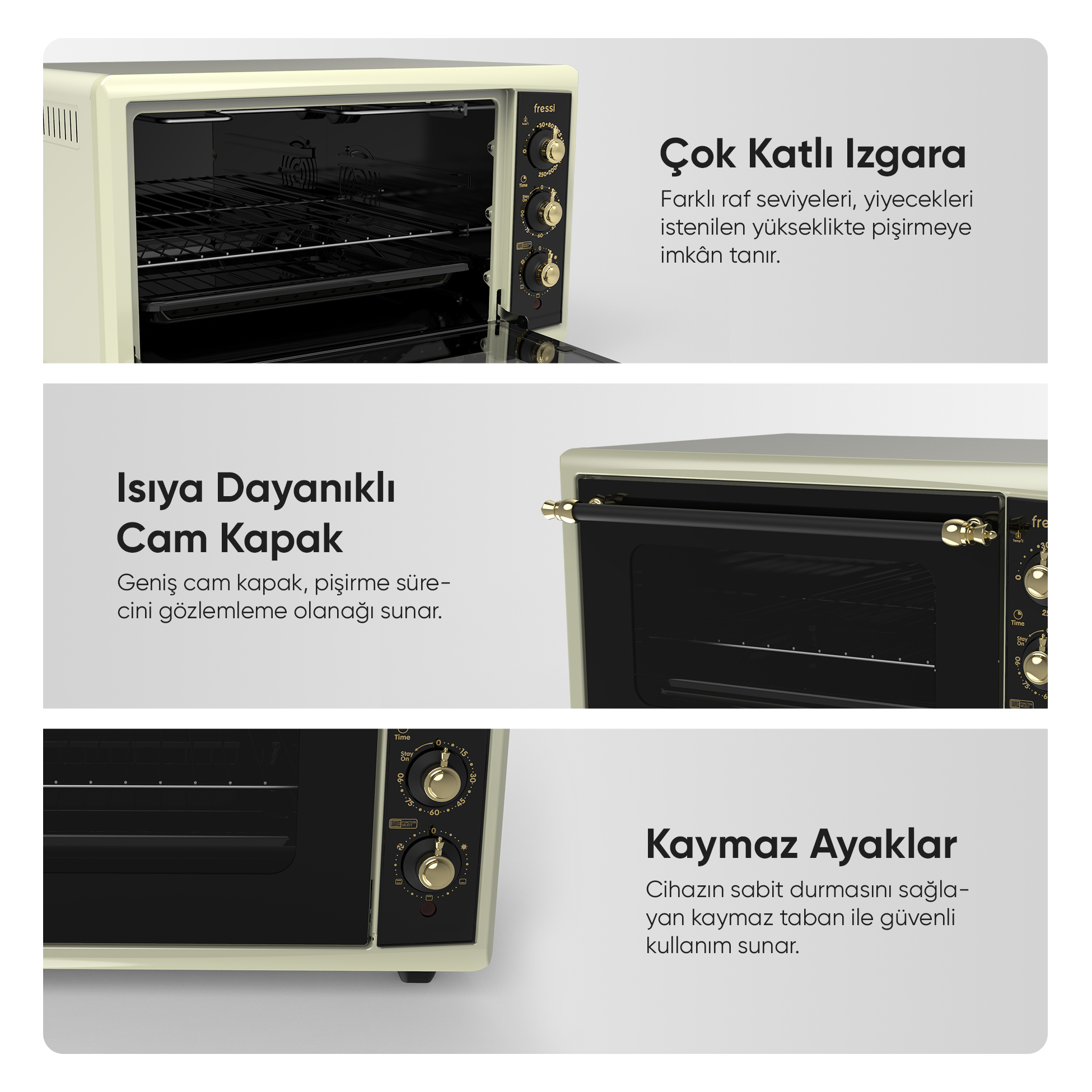 Kapısı açık bej fırın, raflara ve kontrollere odaklanıyor.