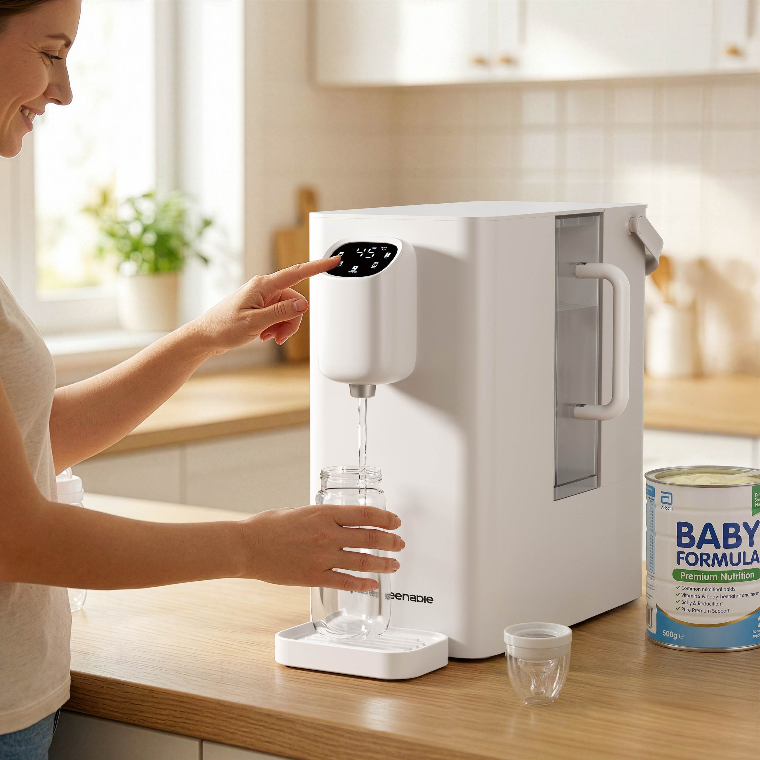 Eine Frau bedient einen Wasserspender, der Wasser in eine Glasflasche füllt.