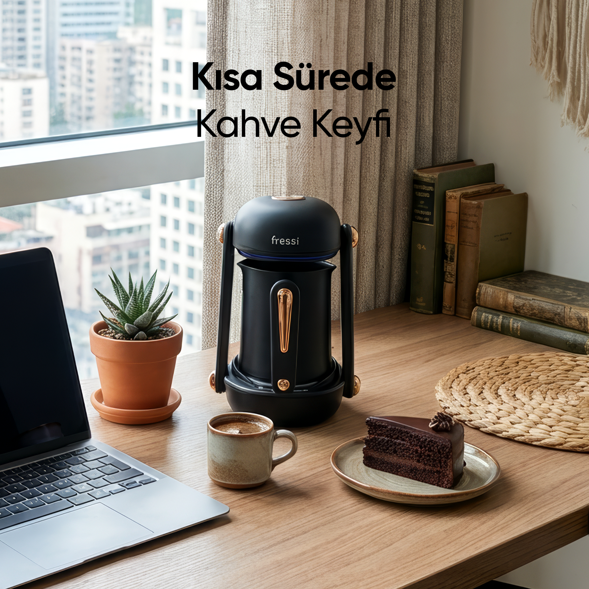 Laptop, kahve fincanı, pasta dilimi ve bitki ile siyah kahve makinesi.