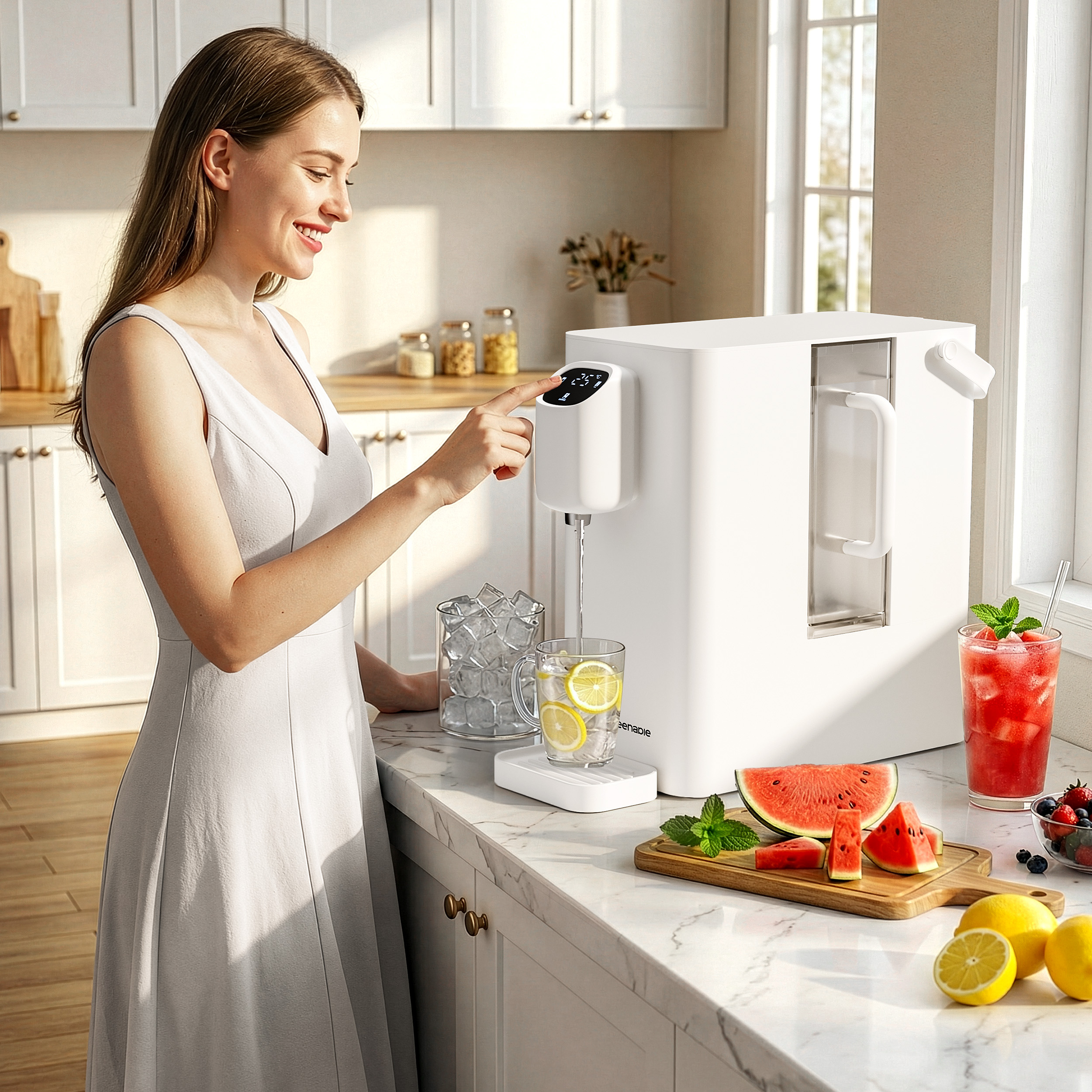 Eine Frau bedient einen Wasserspender in einer Küche mit Obst.