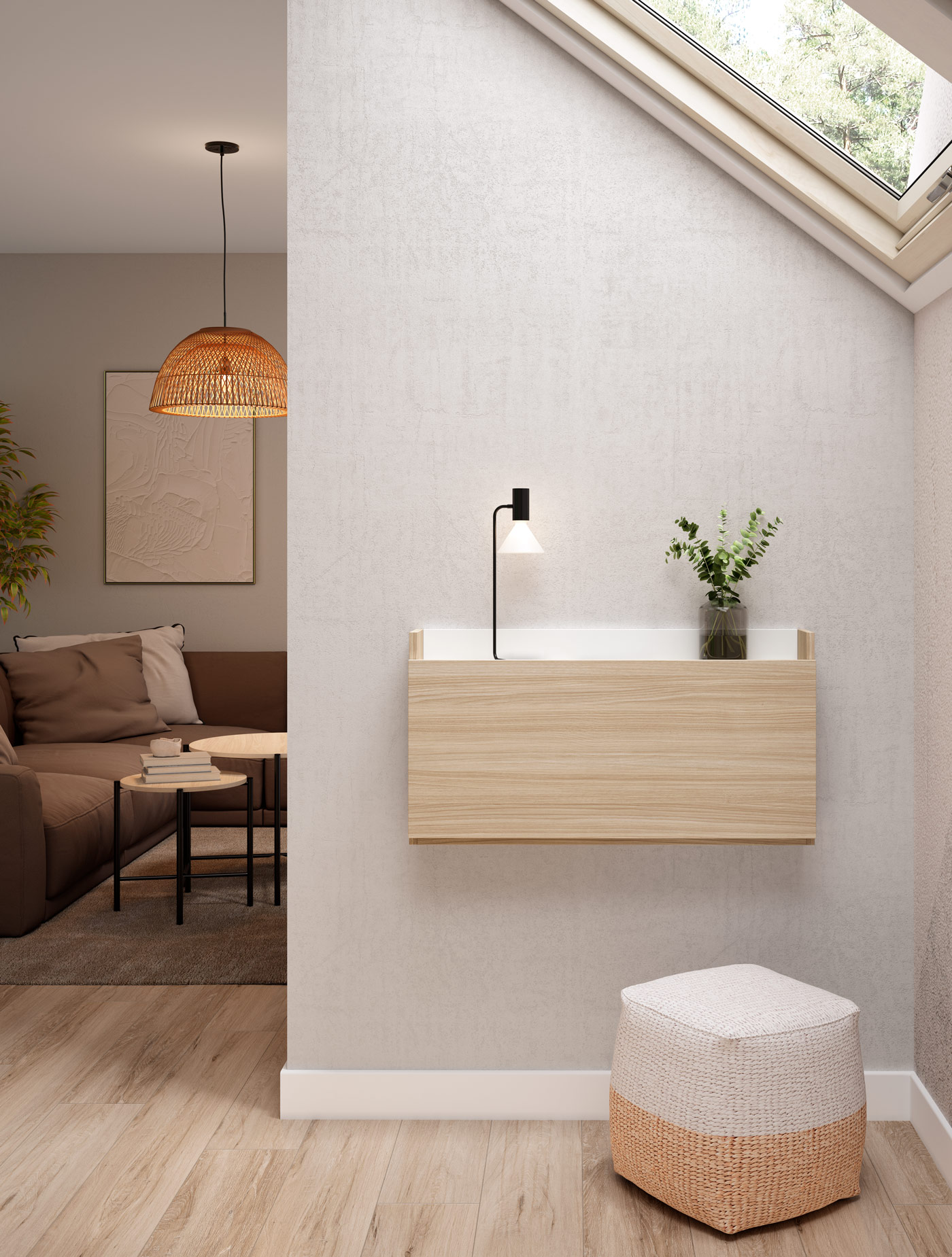 Sala de estar con sofá marrón, suelo de madera y estante de pared con lámpara y jarrón.
