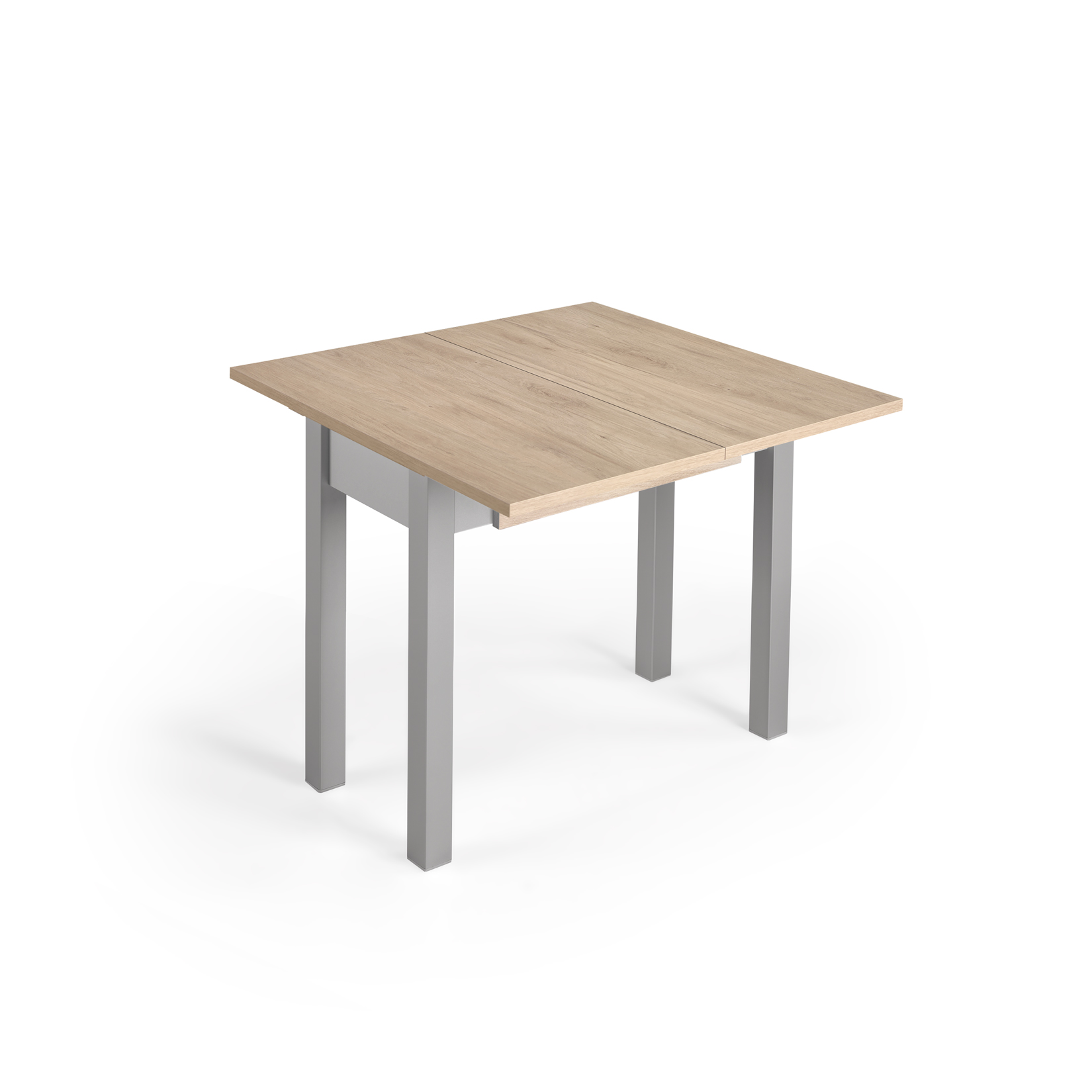 Una mesa pequeña de madera con patas grises, sobre fondo blanco.