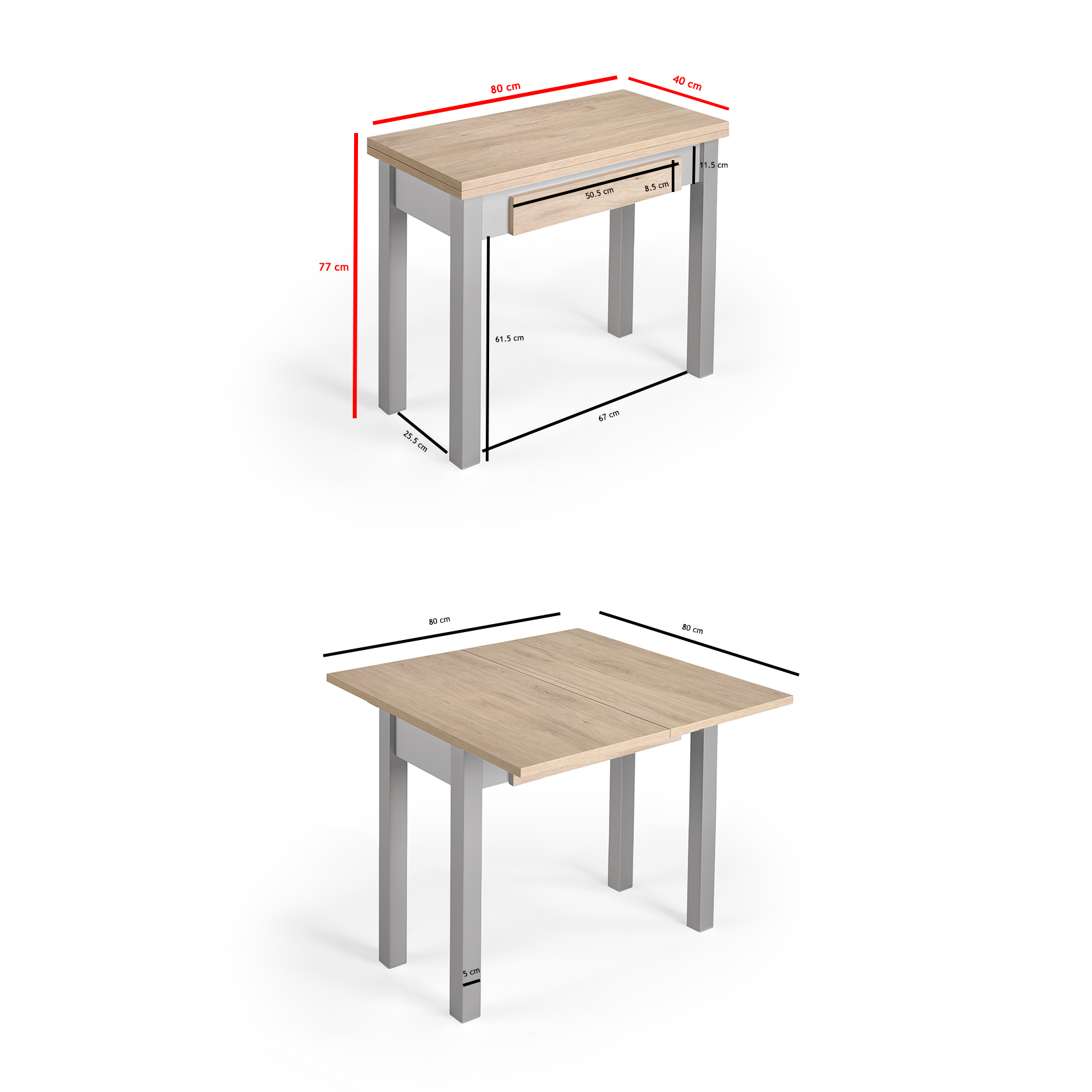 Una mesa extensible con tapa de madera y patas grises, con medidas.