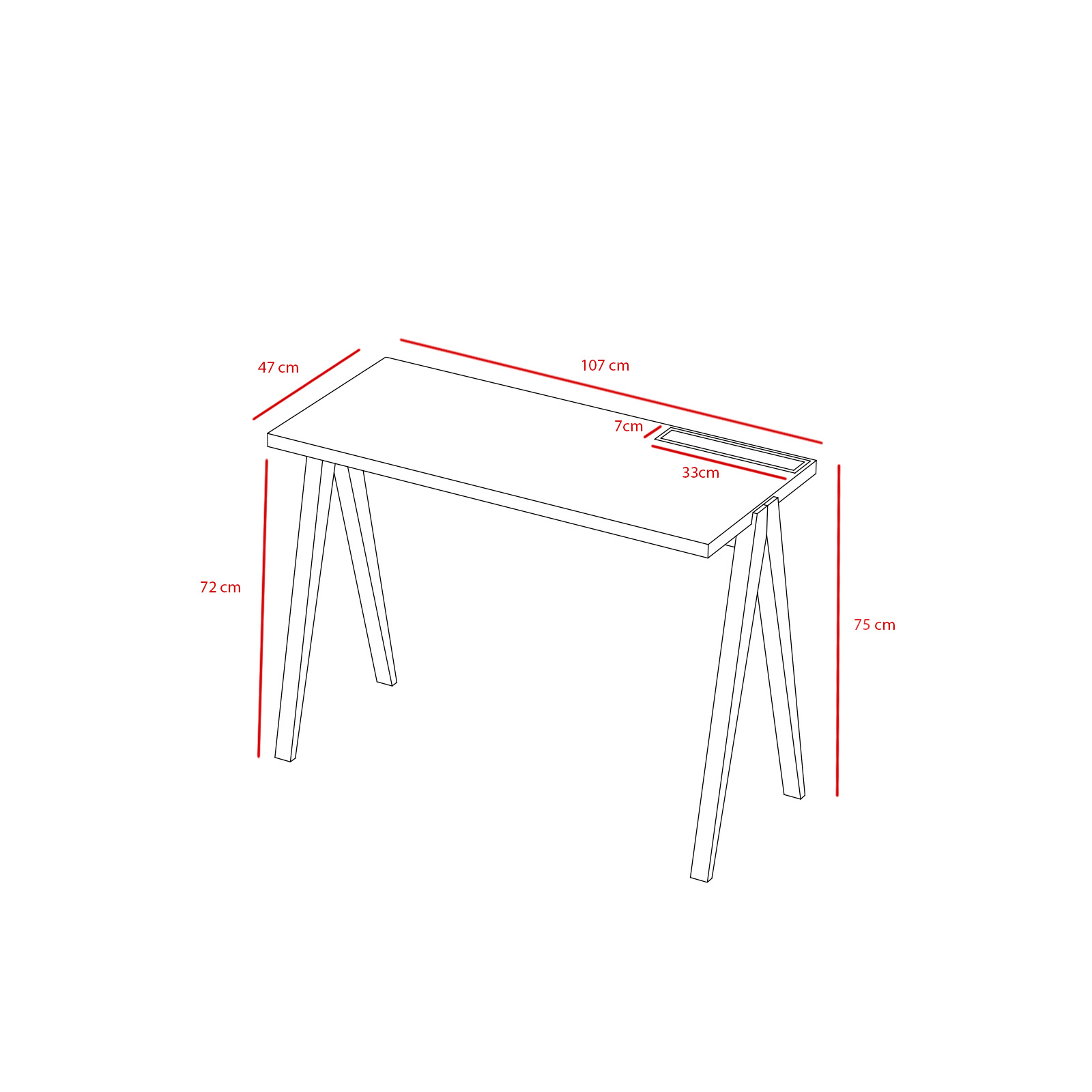 Dibujo de un escritorio con dimensiones: 107cm de largo, 47cm de ancho, 72cm de alto.