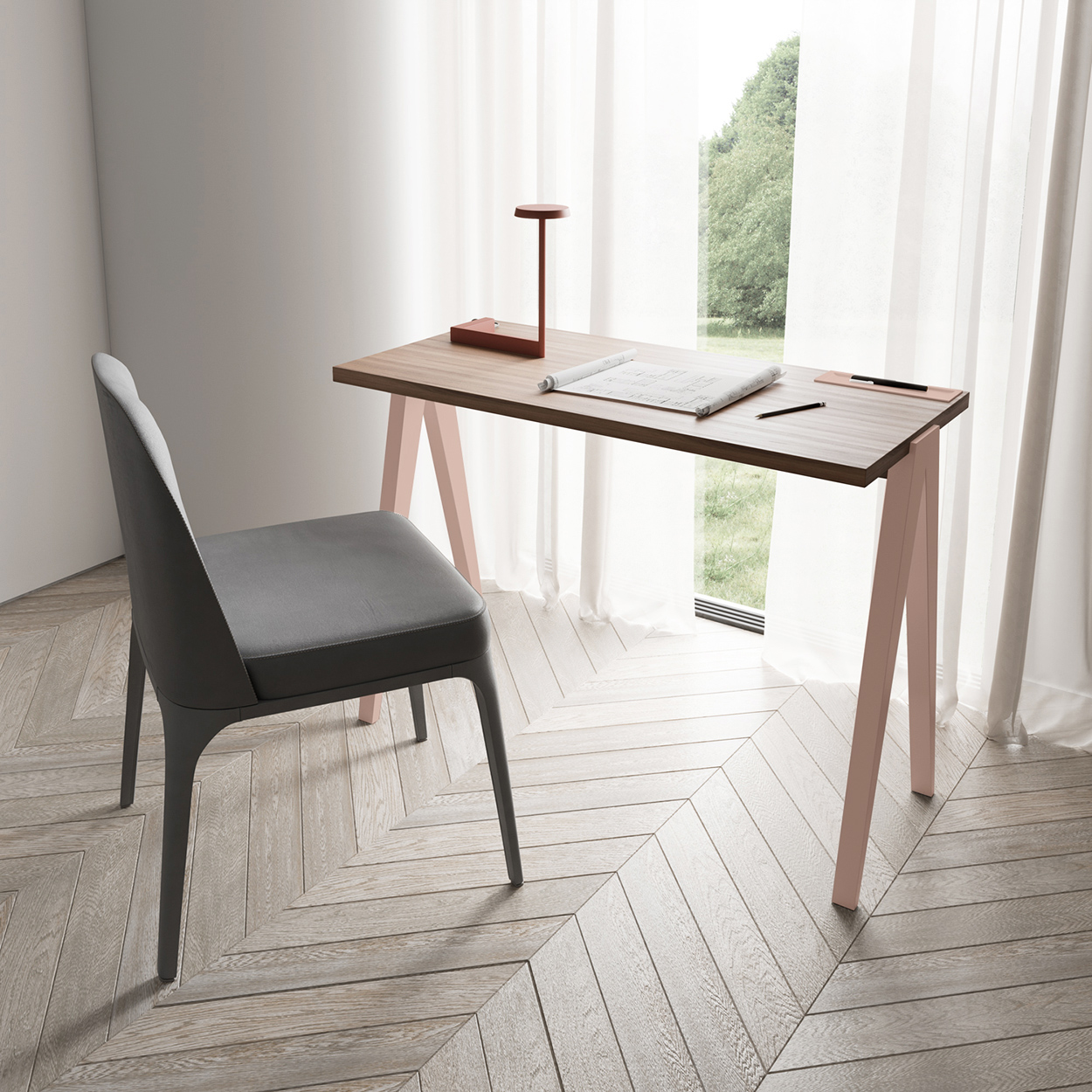 Un escritorio moderno de madera con patas rosas y una silla gris al lado.