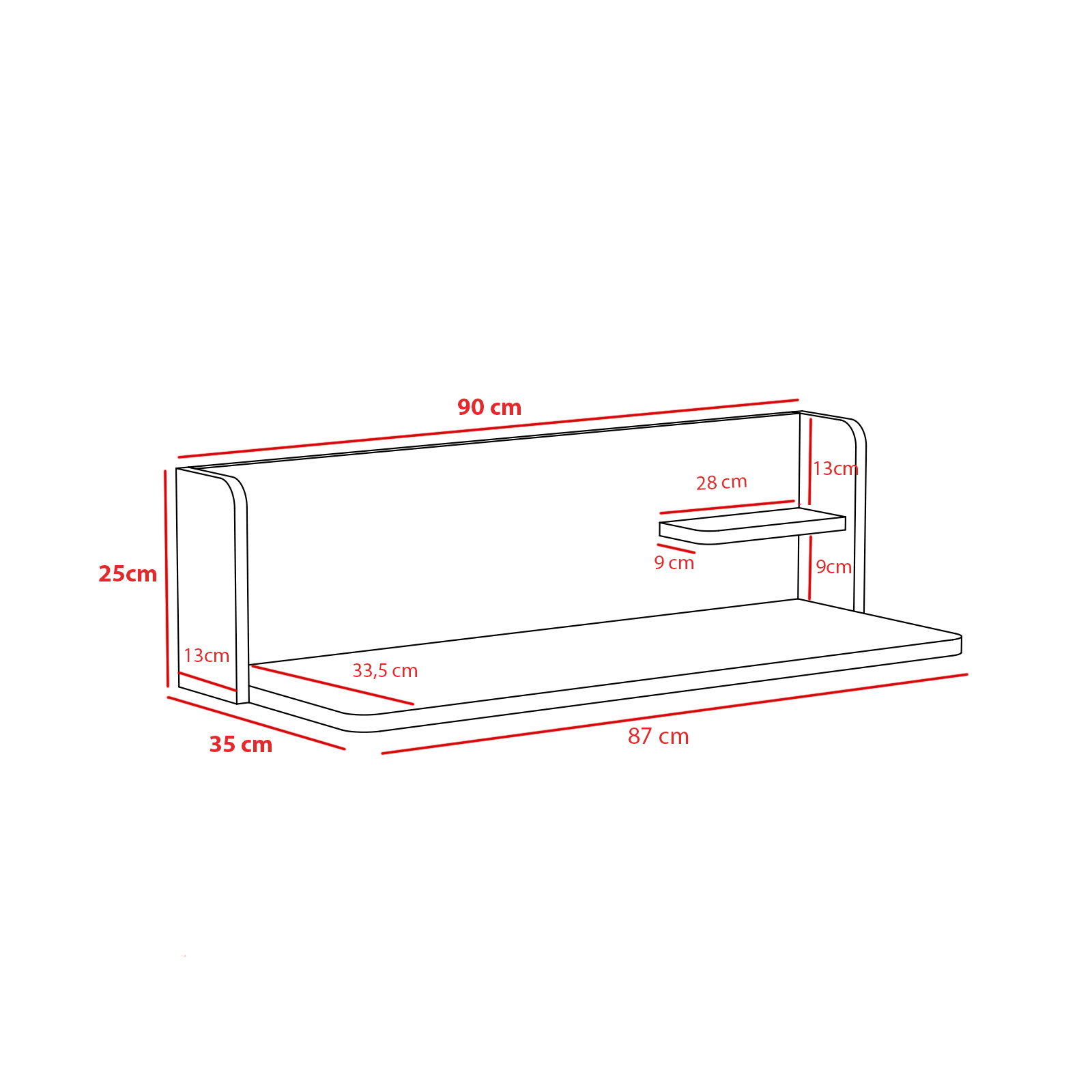 Dibujo lineal de una estantería flotante con dimensiones.