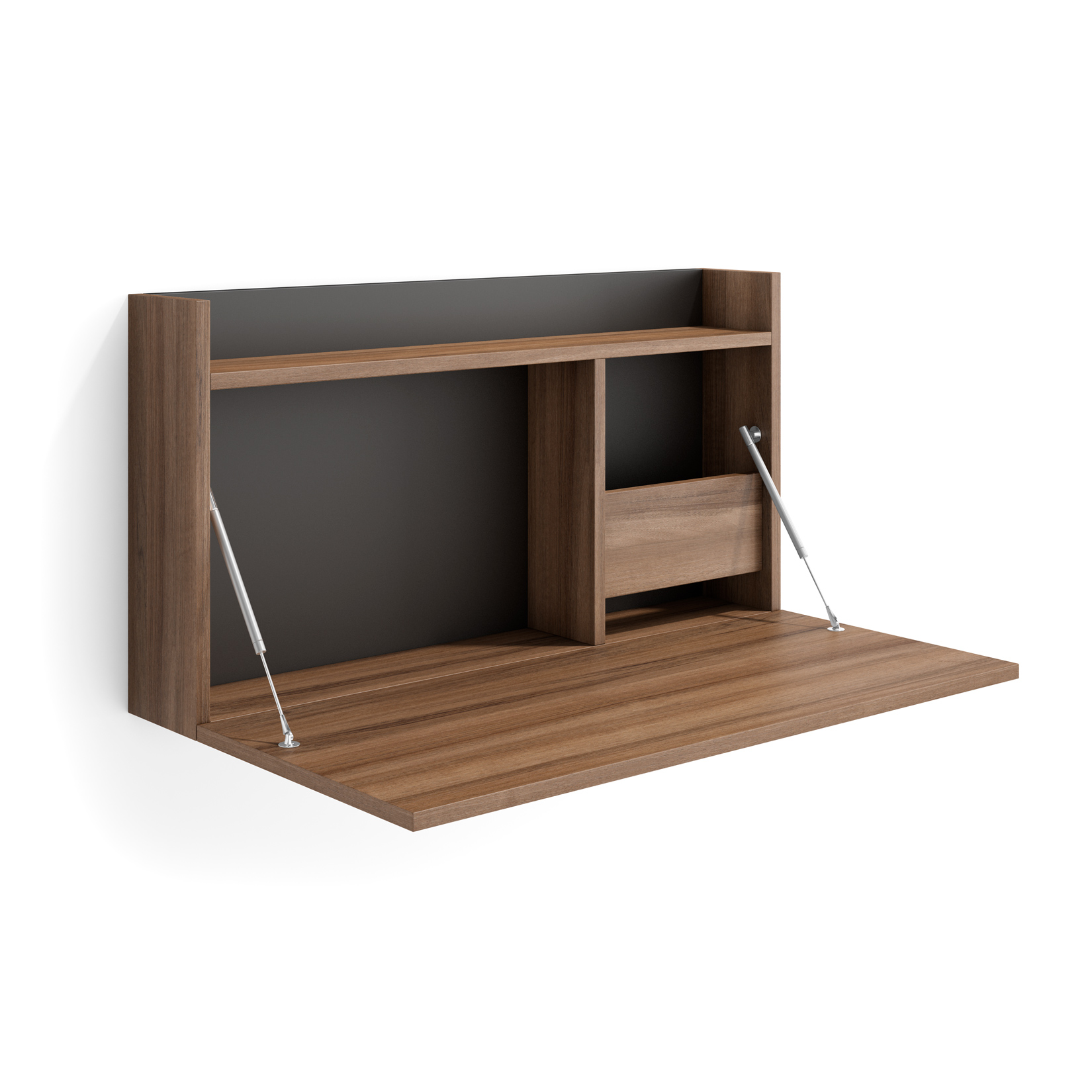 Escritorio de pared con acabado de madera, estantes abiertos y superficie de escritura abatible.