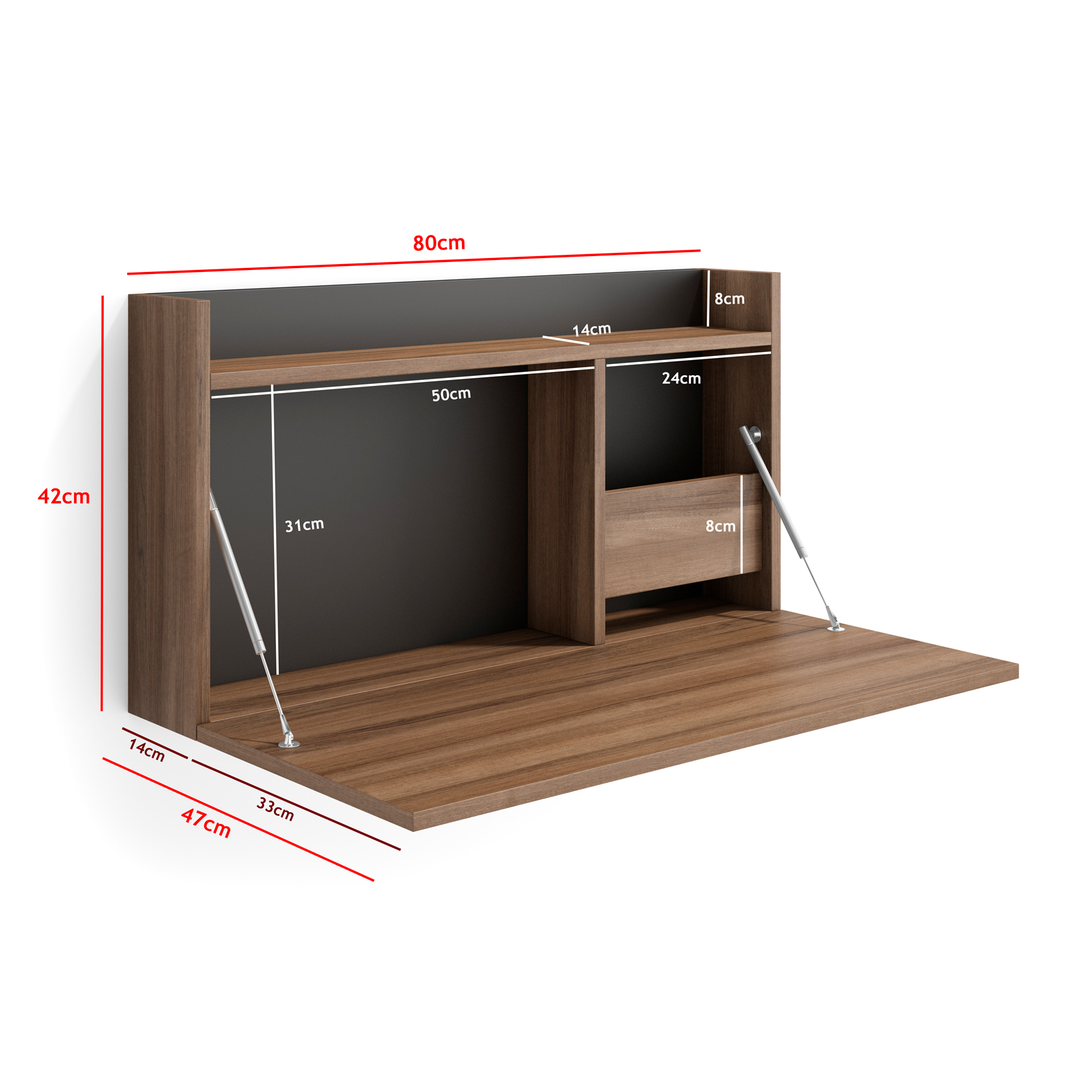 Un escritorio de madera abatible de pared con medidas y brazos de soporte plateados.