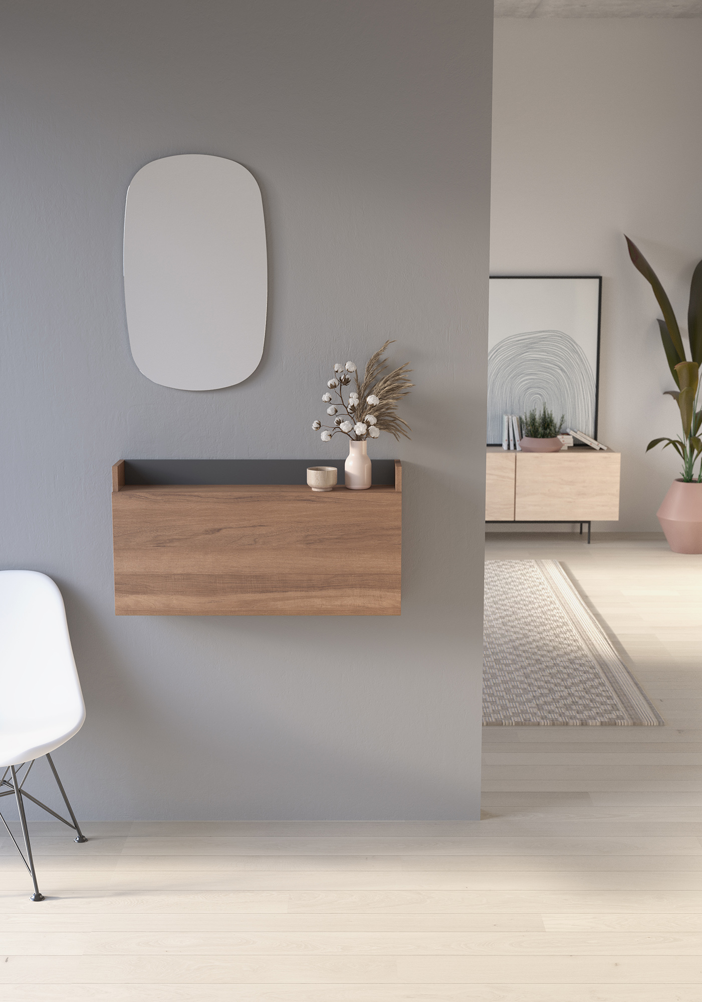 Pasillo moderno con estante, espejo, silla y decoración.