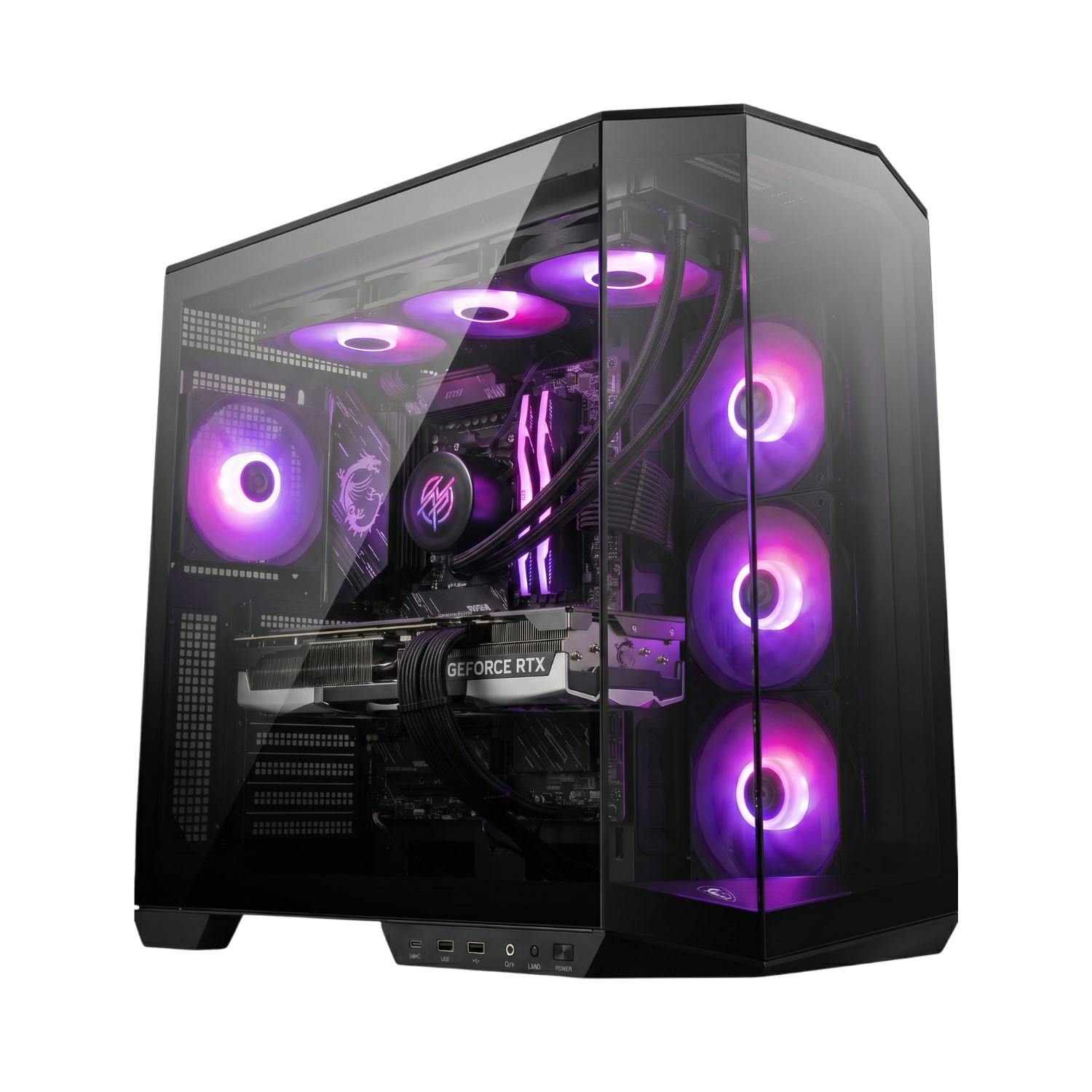 Una PC gamer con iluminación RGB y carcasa de cristal.