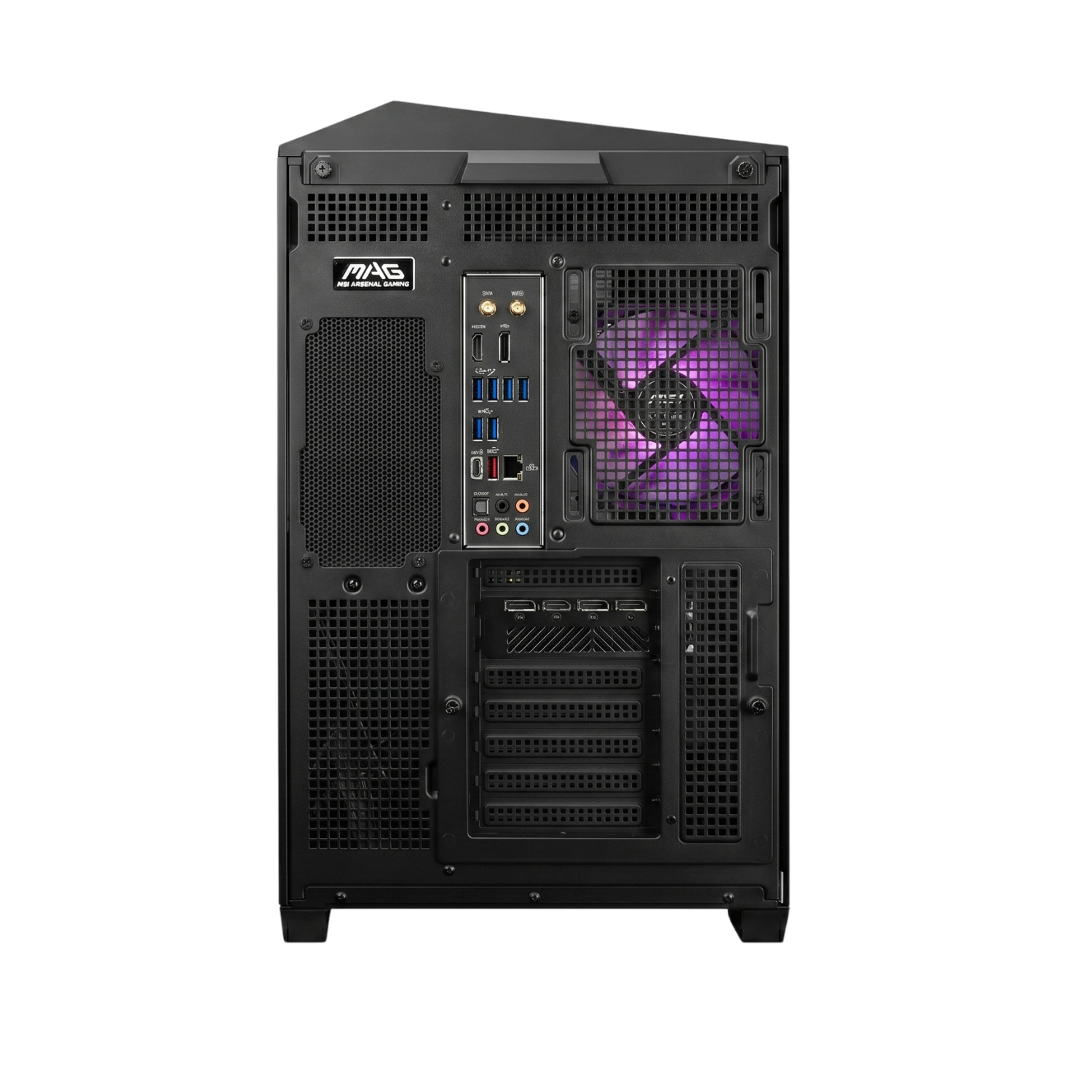 Vista trasera de una caja de PC negra mostrando puertos, ventiladores y luces RGB.