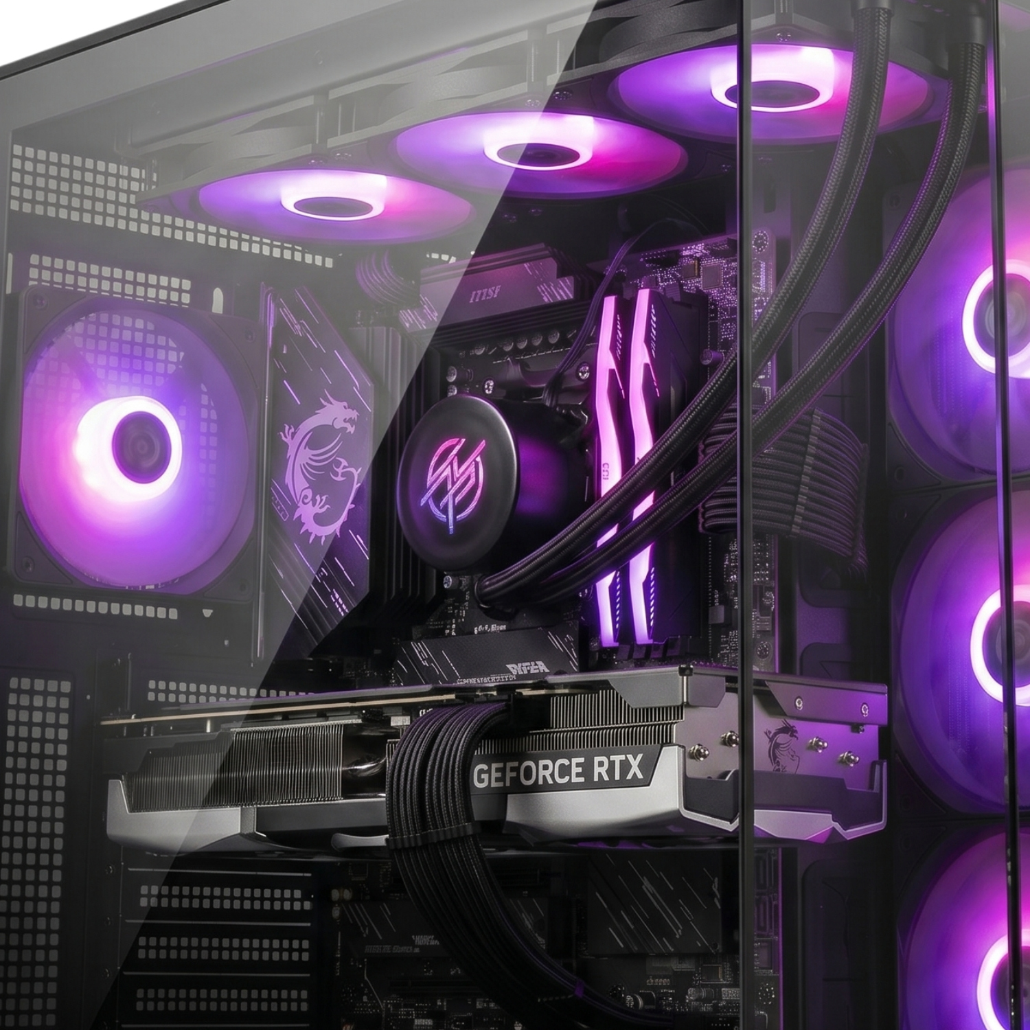 Un PC gaming con iluminación RGB púrpura, refrigerador de CPU, tarjeta gráfica y ventiladores.